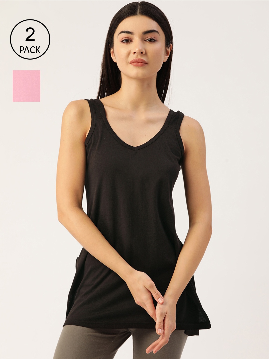 

Lady Lyka Women Pack Of 2 Black & Pink Solid Cotton Longline Camisoles