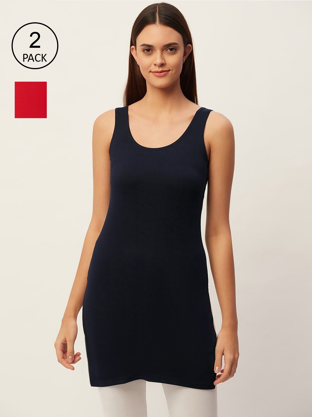 

Lady Lyka Women Red and Navy Blue Pack Of 2 Solid Cotton Longline Camisoles