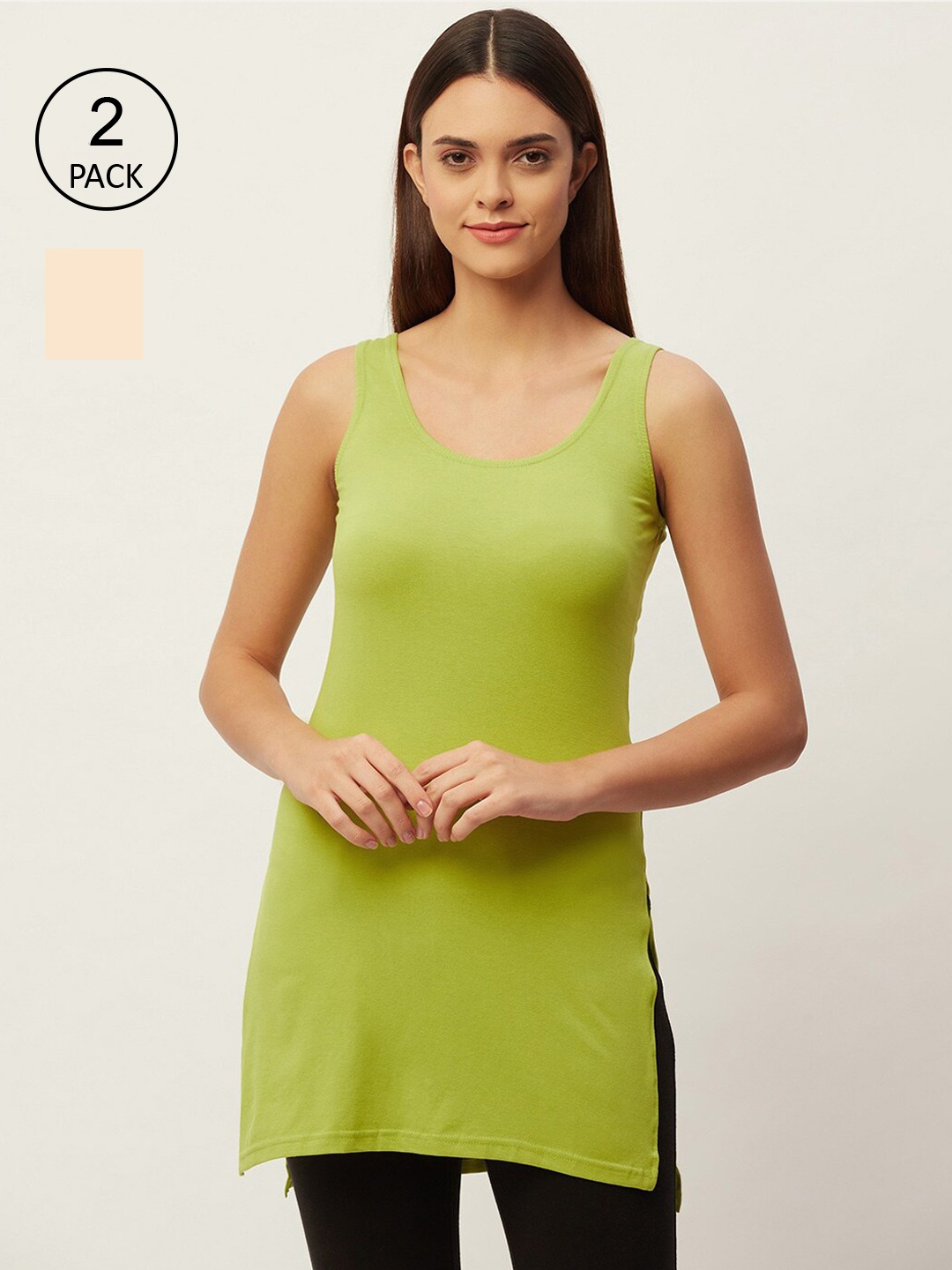 

Lady Lyka Pack Of 2 Women Green & Beige Solid Full Slips