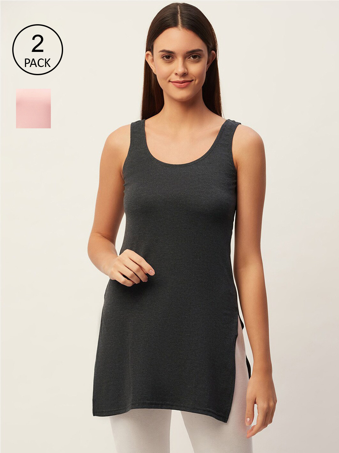 

Lady Lyka Pack of 2 Black & Pink Solid Cotton Slips