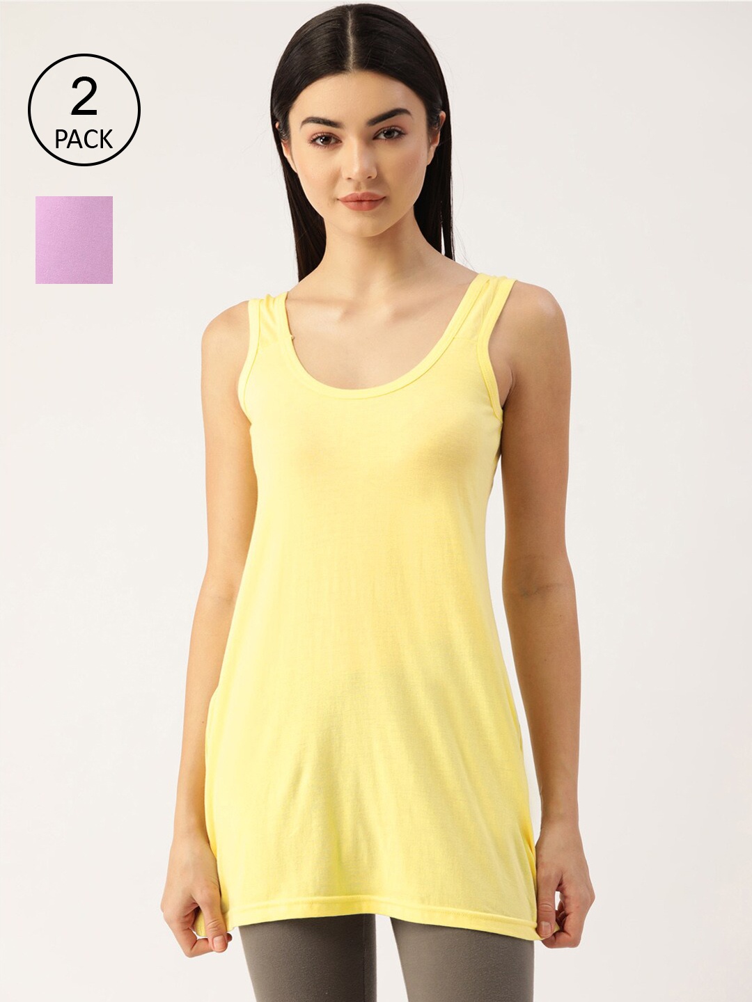 

Lady Lyka Women Pack Of 2 Yellow & Purple Solid Cotton Longline Camisoles