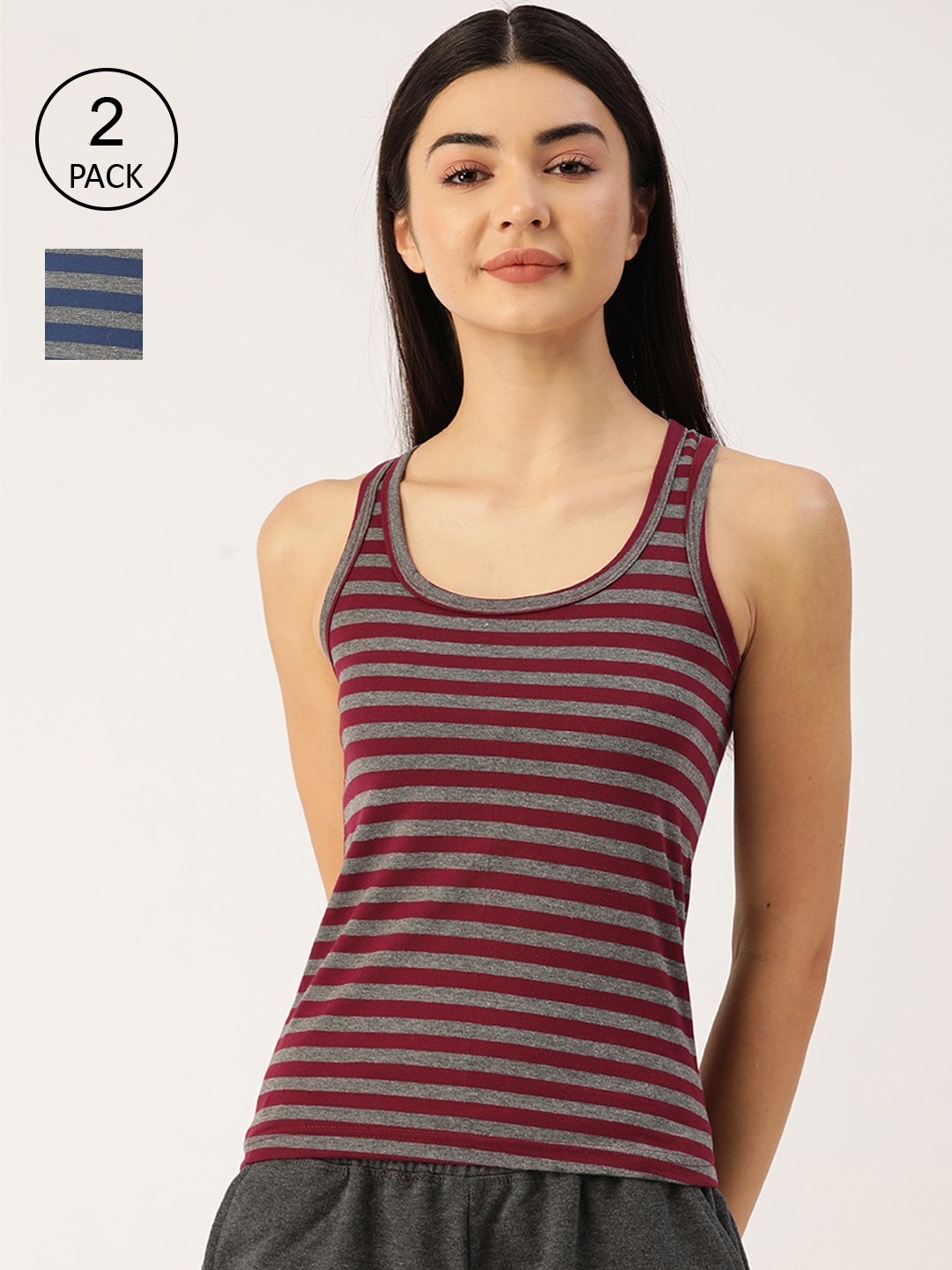 

Lady Lyka Women Pack of 2 Striped Cotton Camisoles, Purple