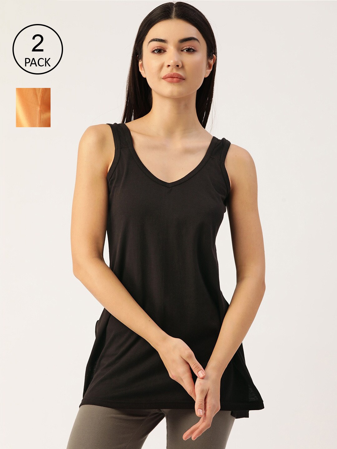 

Lady Lyka Women Black & Orange Set of 2 Solid Cotton Camisoles