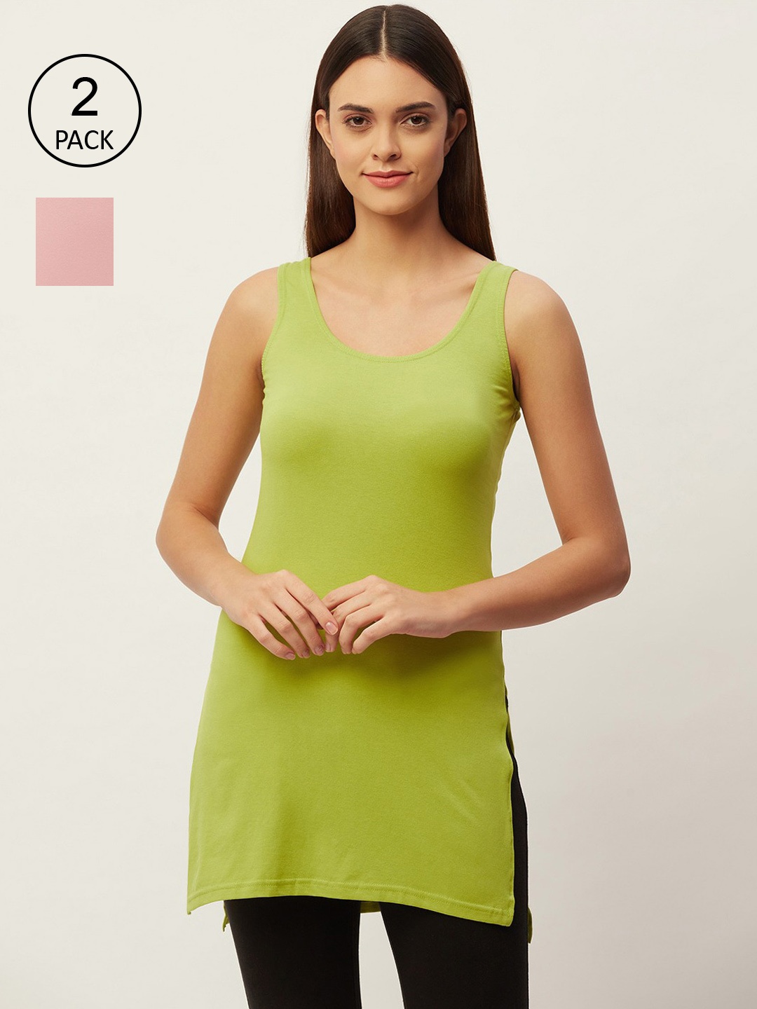 

Lady Lyka Pack of 2 Pink & Green Solid Cotton Slips