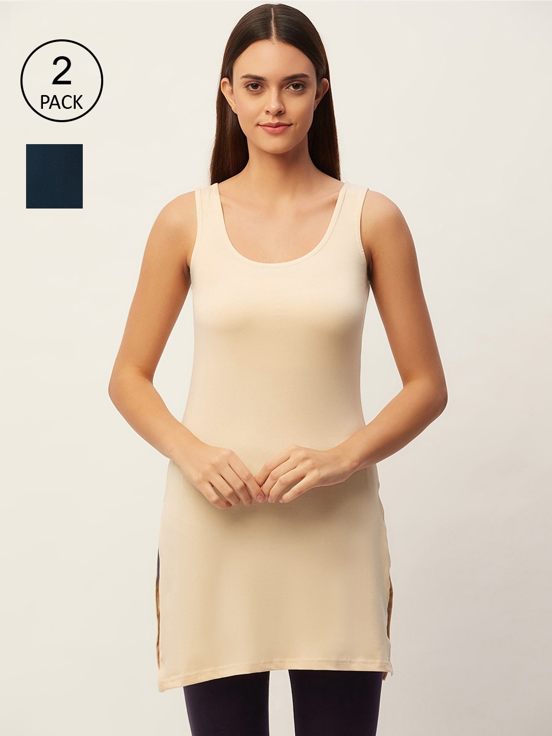 

Lady Lyka Women Pack of 2 Beige & Navy Blue Solid Sleeveless Slips
