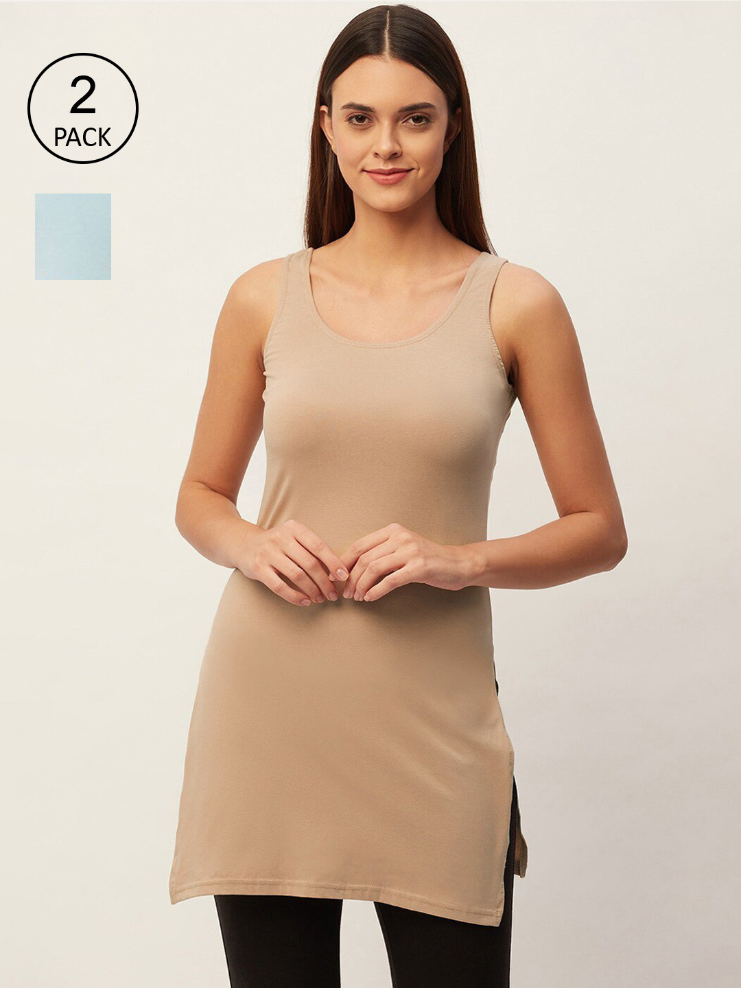 

Lady Lyka Women Pack of 2 Solid Sleeveless Slips, Beige