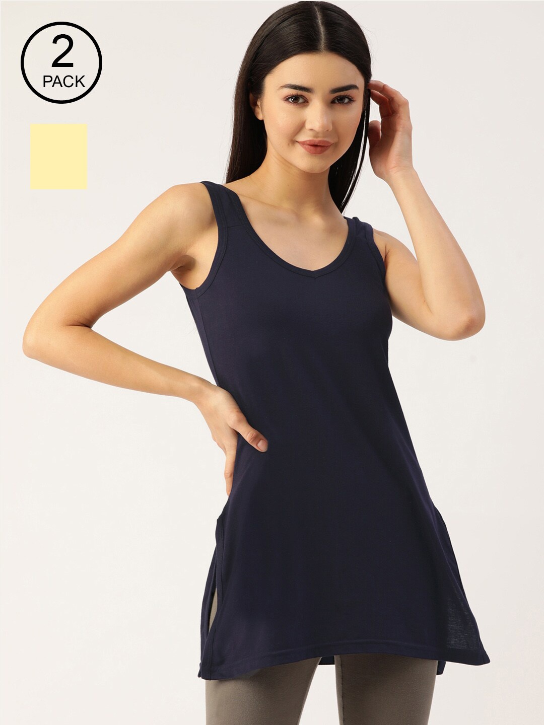 

Lady Lyka Women Pack Of 2 Blue & Yellow Solid Cotton Longline Camisoles