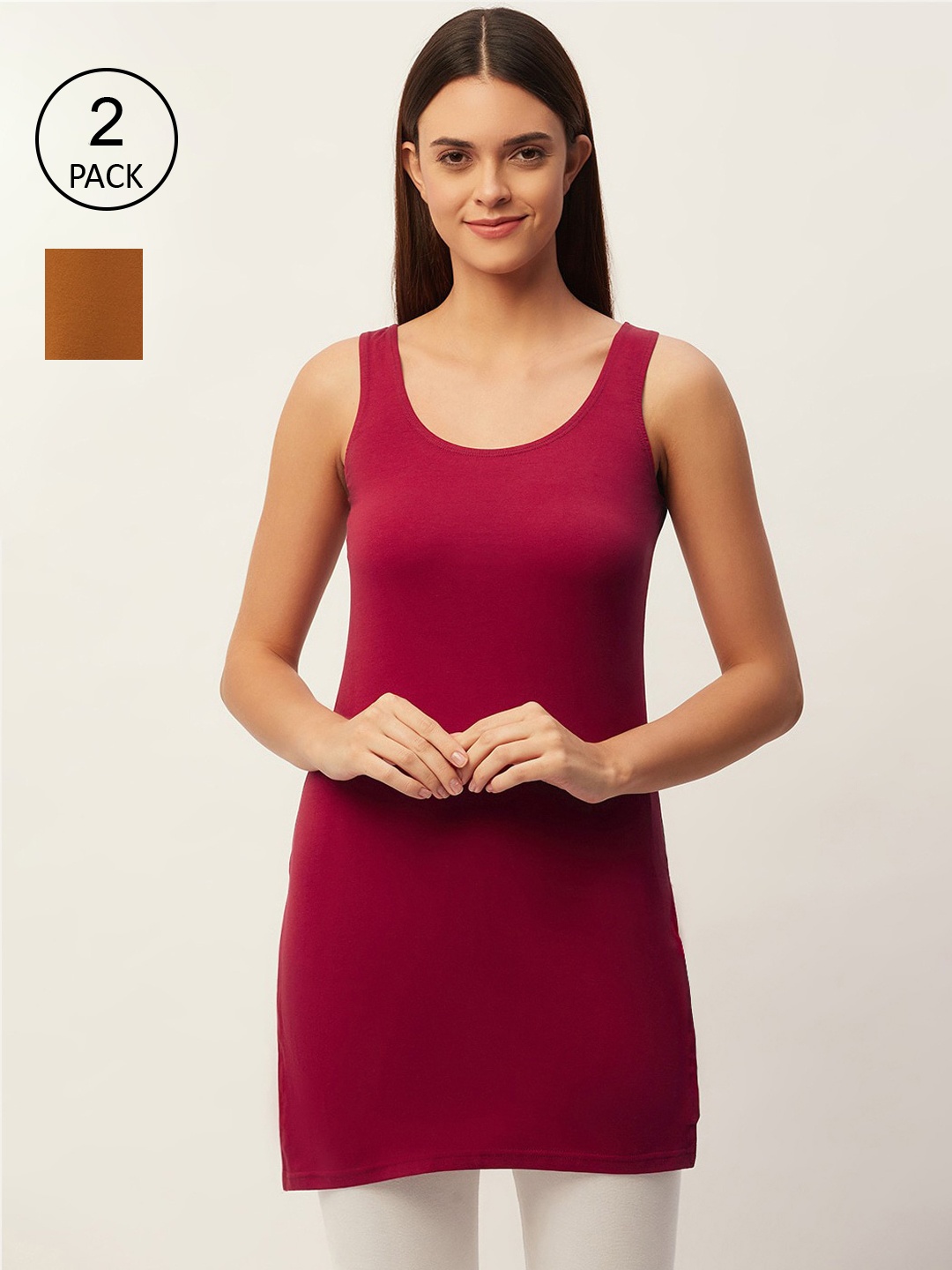 

Lady Lyka Women Pack of 2 Maroon & Mustard Solid Sleeveless Slips
