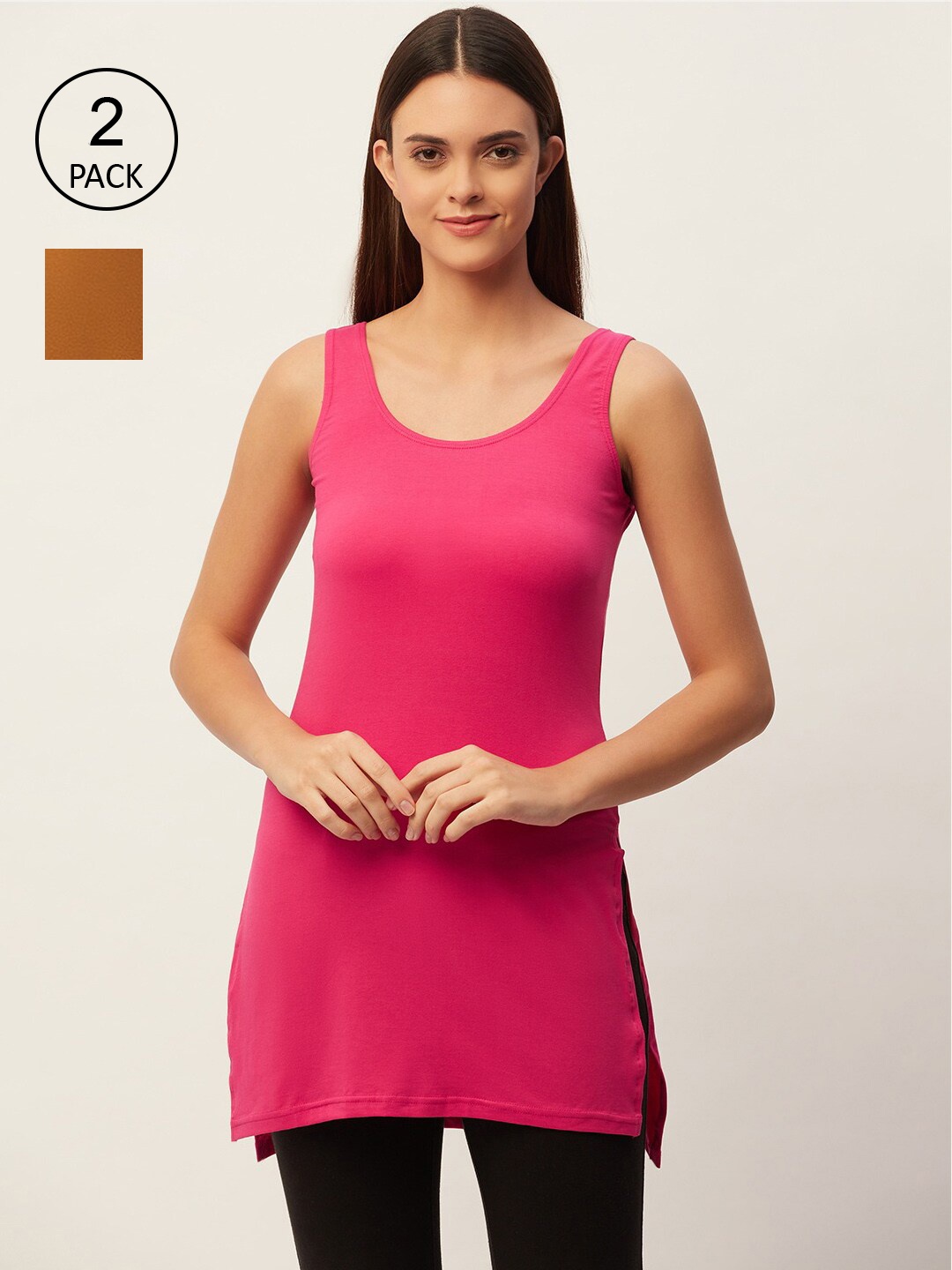 

Lady Lyka Women Pack of 2 Pink & Mustard Solid Long Camisoles