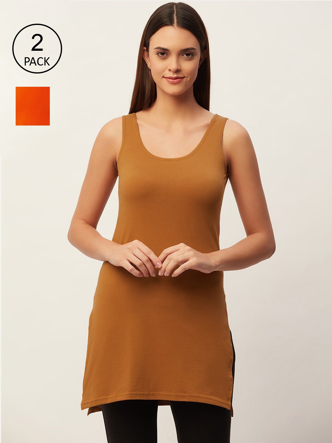 

Lady Lyka Women Pack of 2 Orange and Mustard Solid Longline Slips