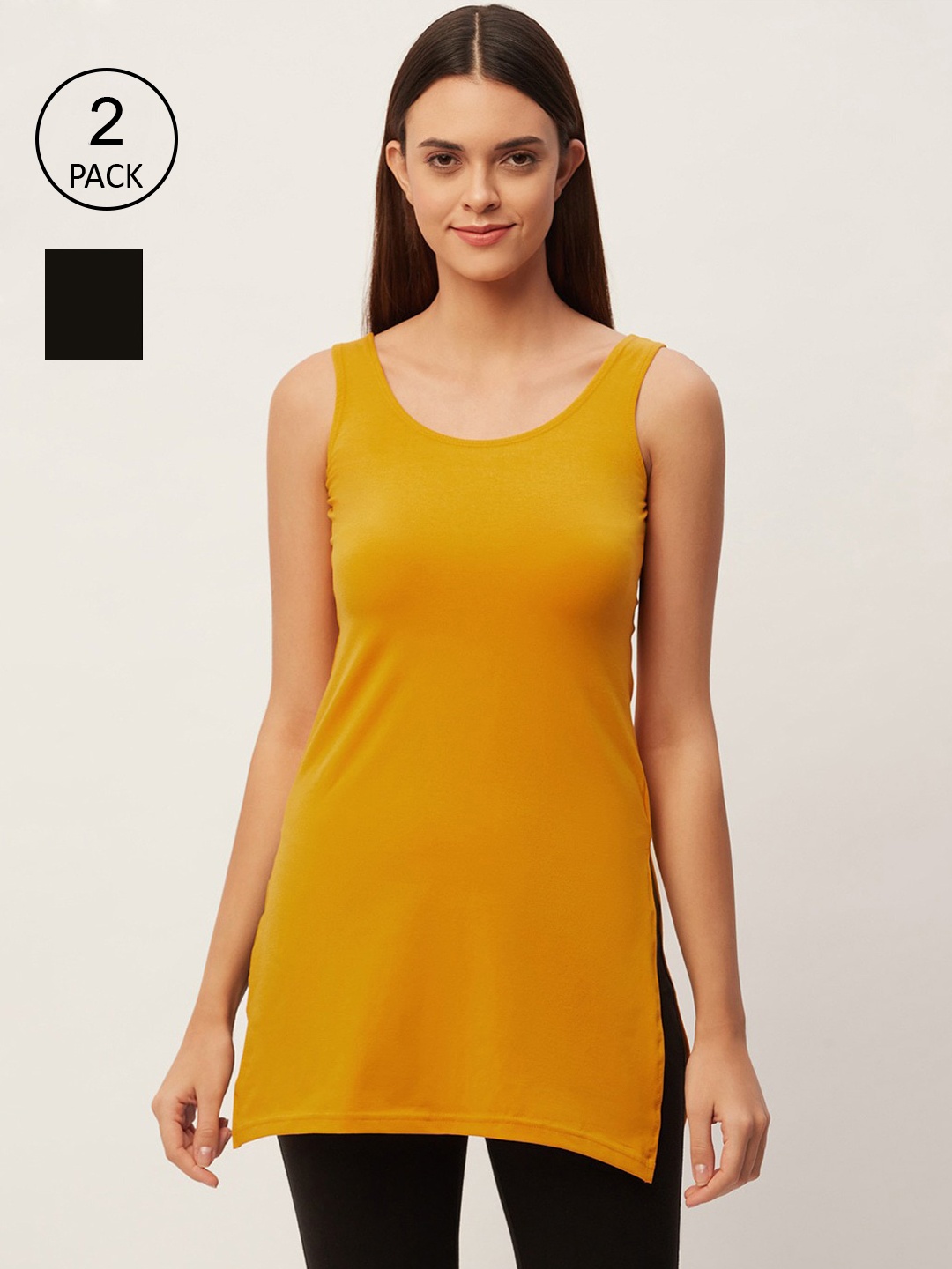 

Lady Lyka Women Pack of 2 Mustard and Black Solid Slips