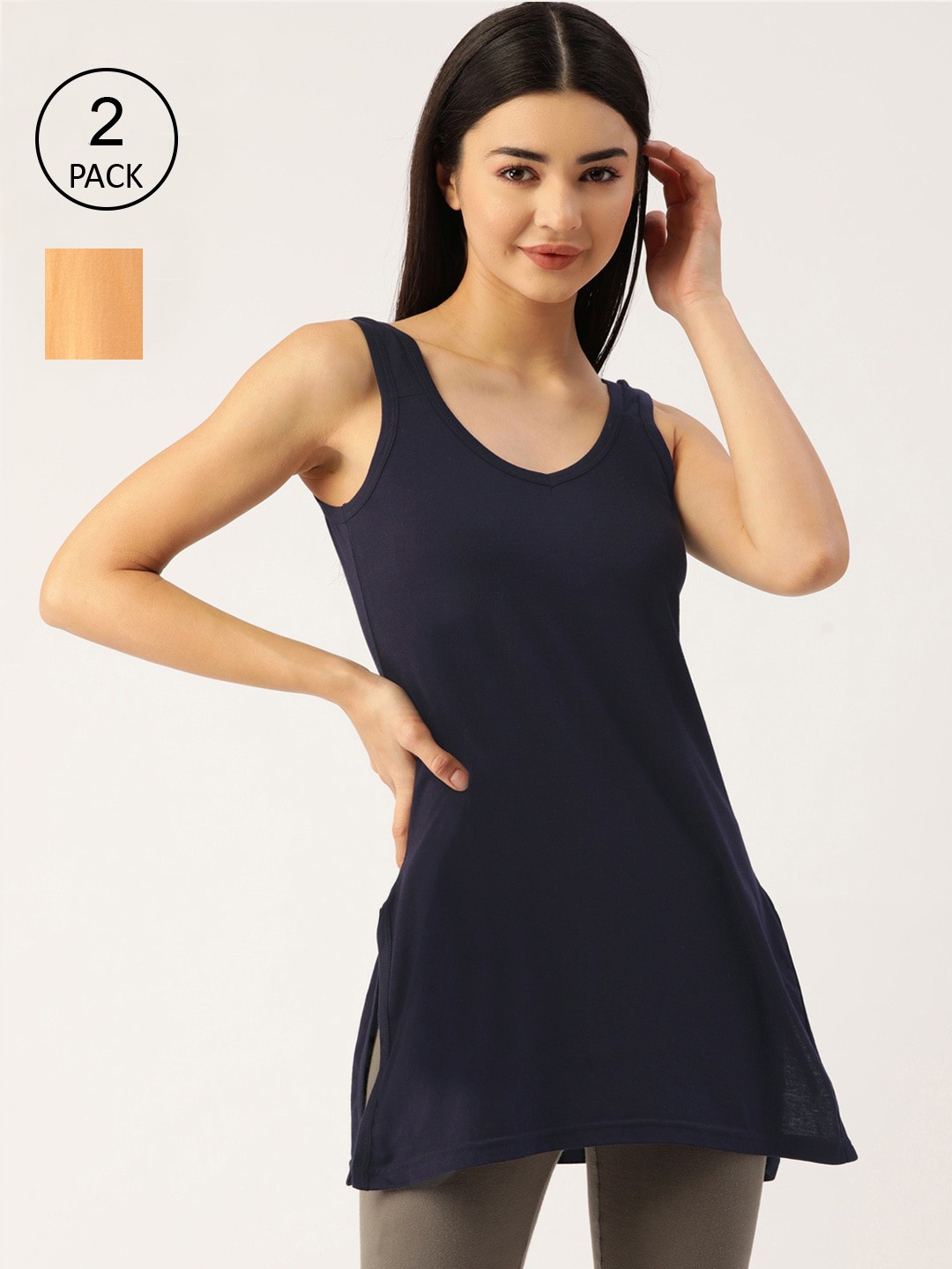 

Lady Lyka Women Pack Of 2 Navy Blue & Beige Solid Cotton Camisoles