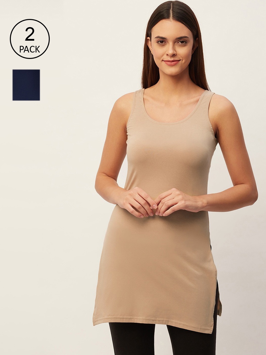 

Lady Lyka Women Pack of 2 Beige and Navy Blue Solid Slips