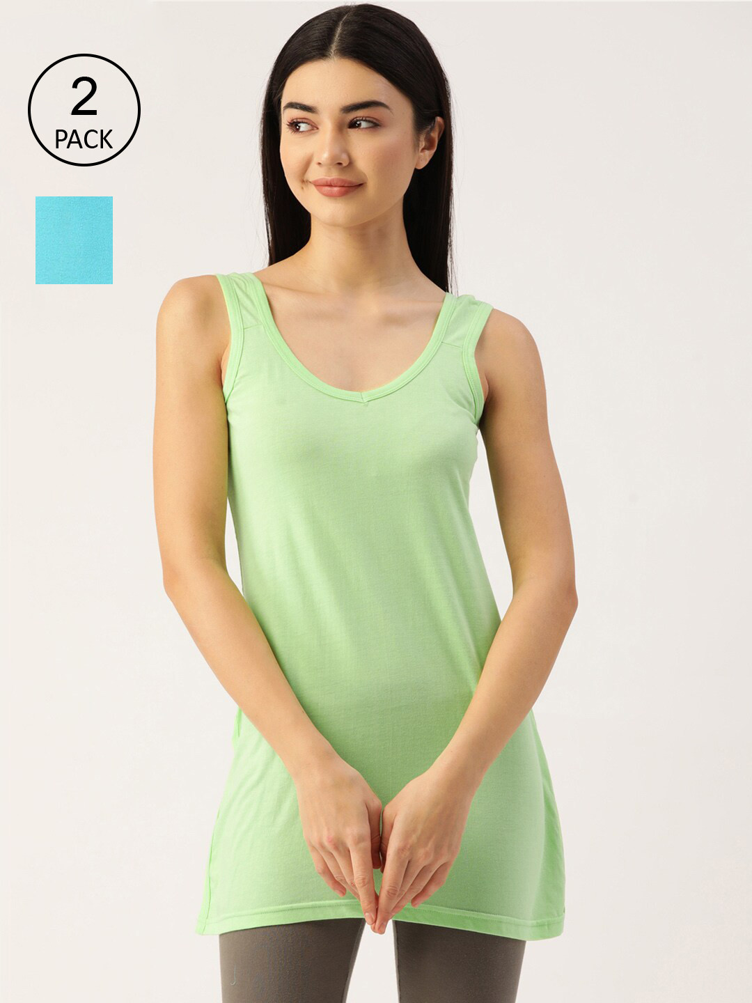 

Lady Lyka Women Green & Blue Pack Of 2 Solid Cotton Camisoles, Sea green