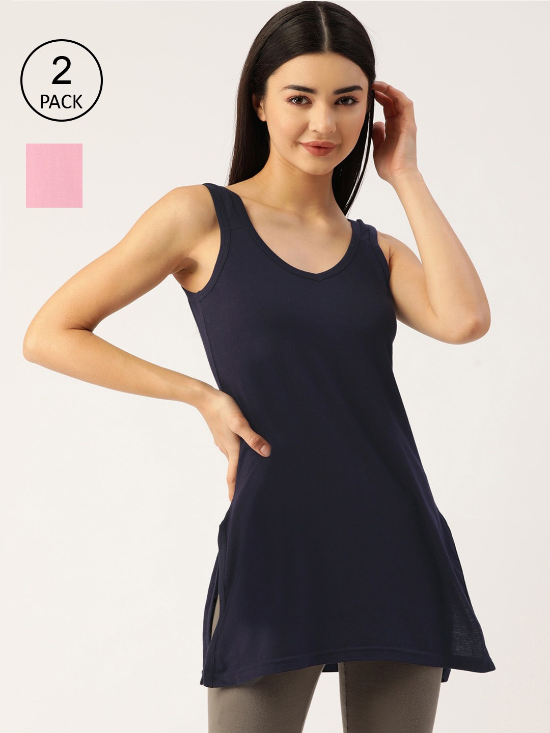 

Lady Lyka Women Pack Of 2 Solid Cotton Longline Camisoles, Blue
