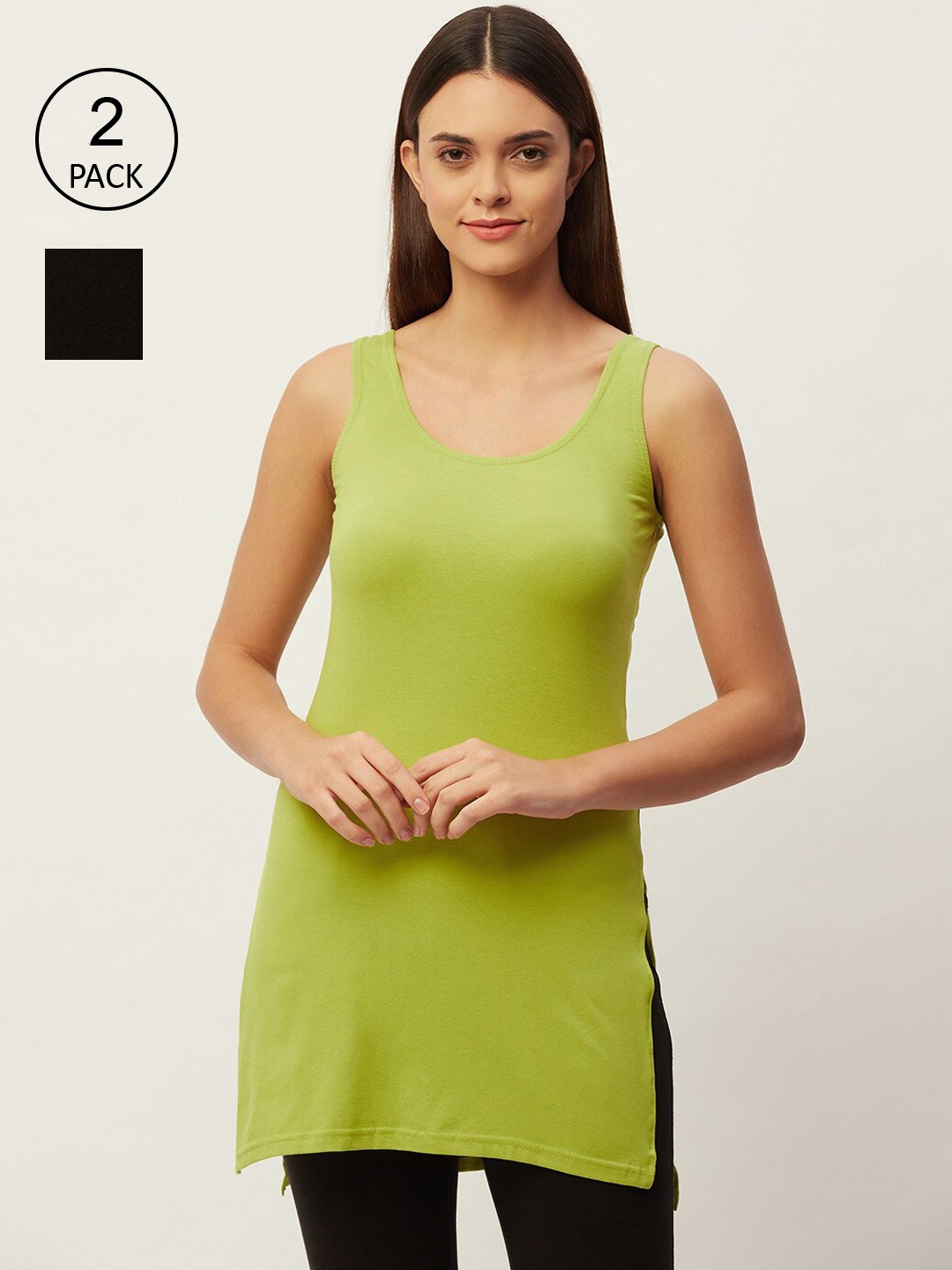 

Lady Lyka Women Green & Black Pack of 2 Solid Cotton Slips