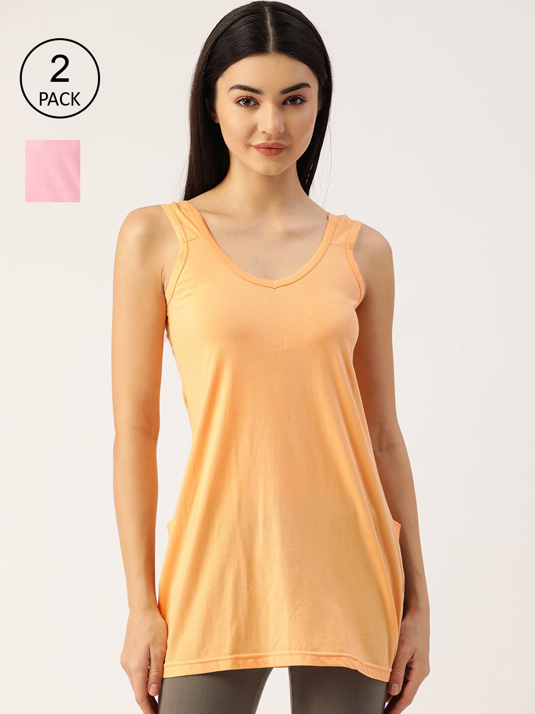 

Lady Lyka Women Pack Of 2 Solid Cotton Camisoles, Peach