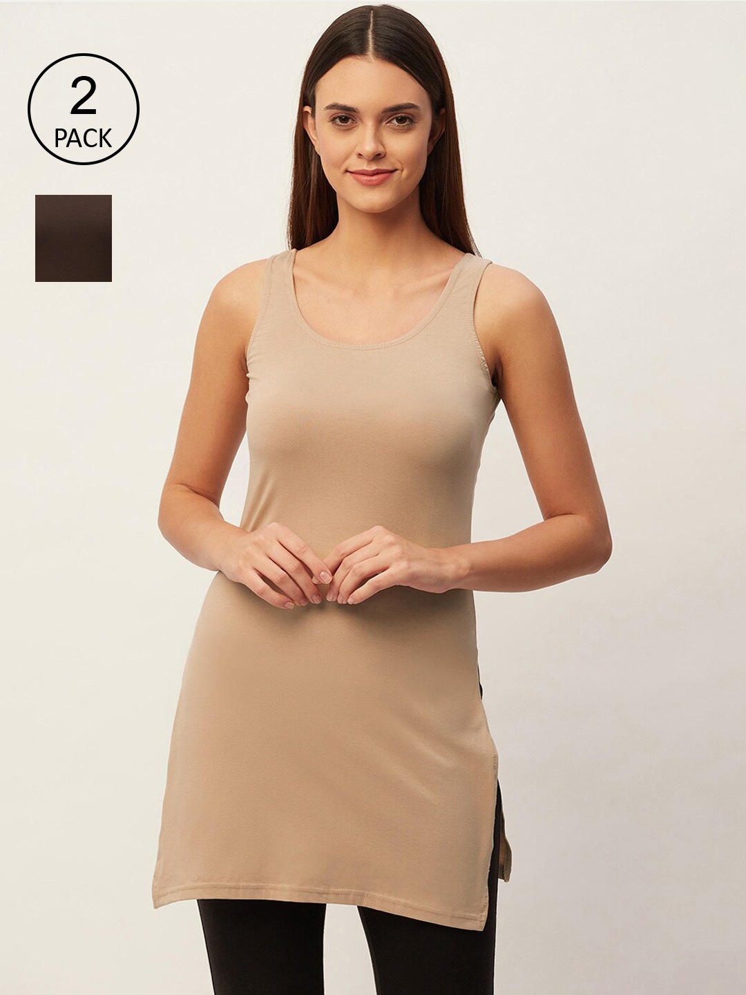 

Lady Lyka Women Pack of 2 Beige & Brown Solid Full Slips