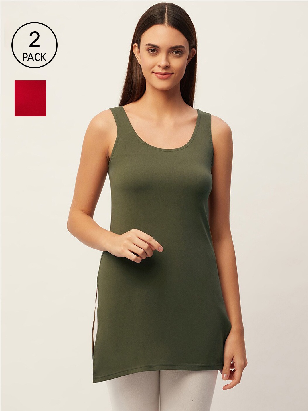 

Lady Lyka Women Pack of 2 Green & Red Solid Slips, Olive