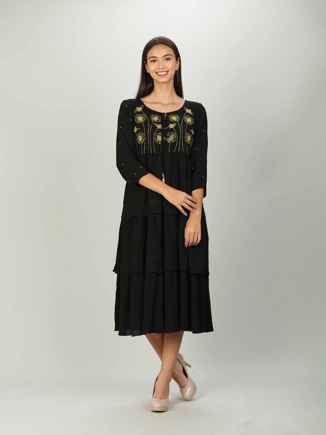 

Mustard Black Floral Tie-Up Neck Layered Crepe Empire Midi Dress