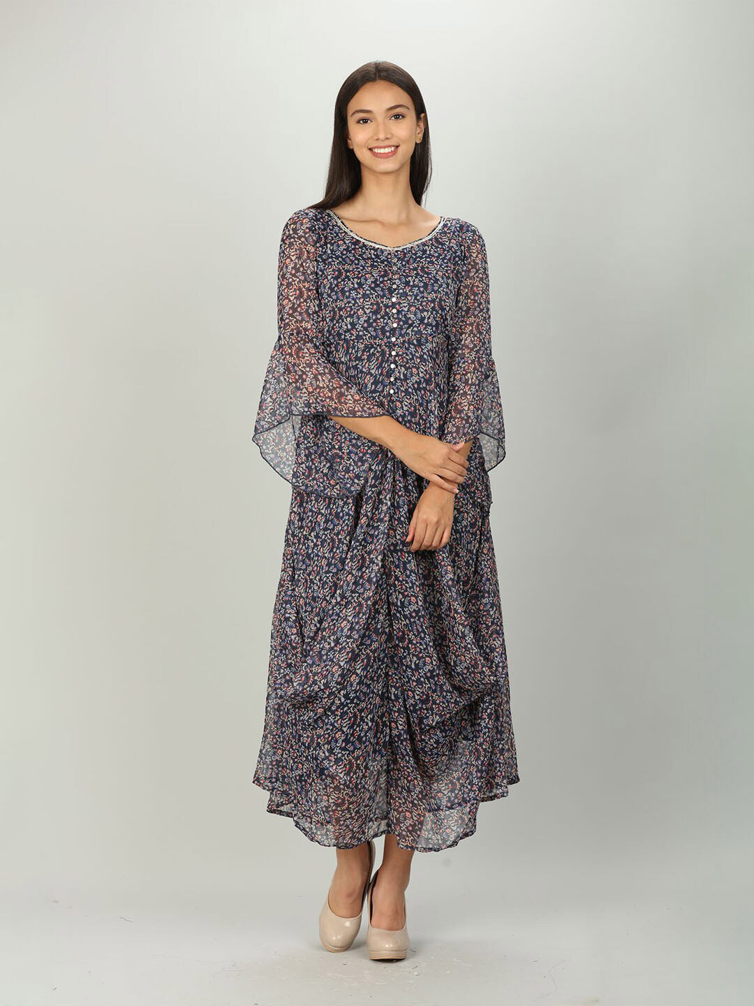 

Mustard Blue Floral Chiffon Maxi Dress