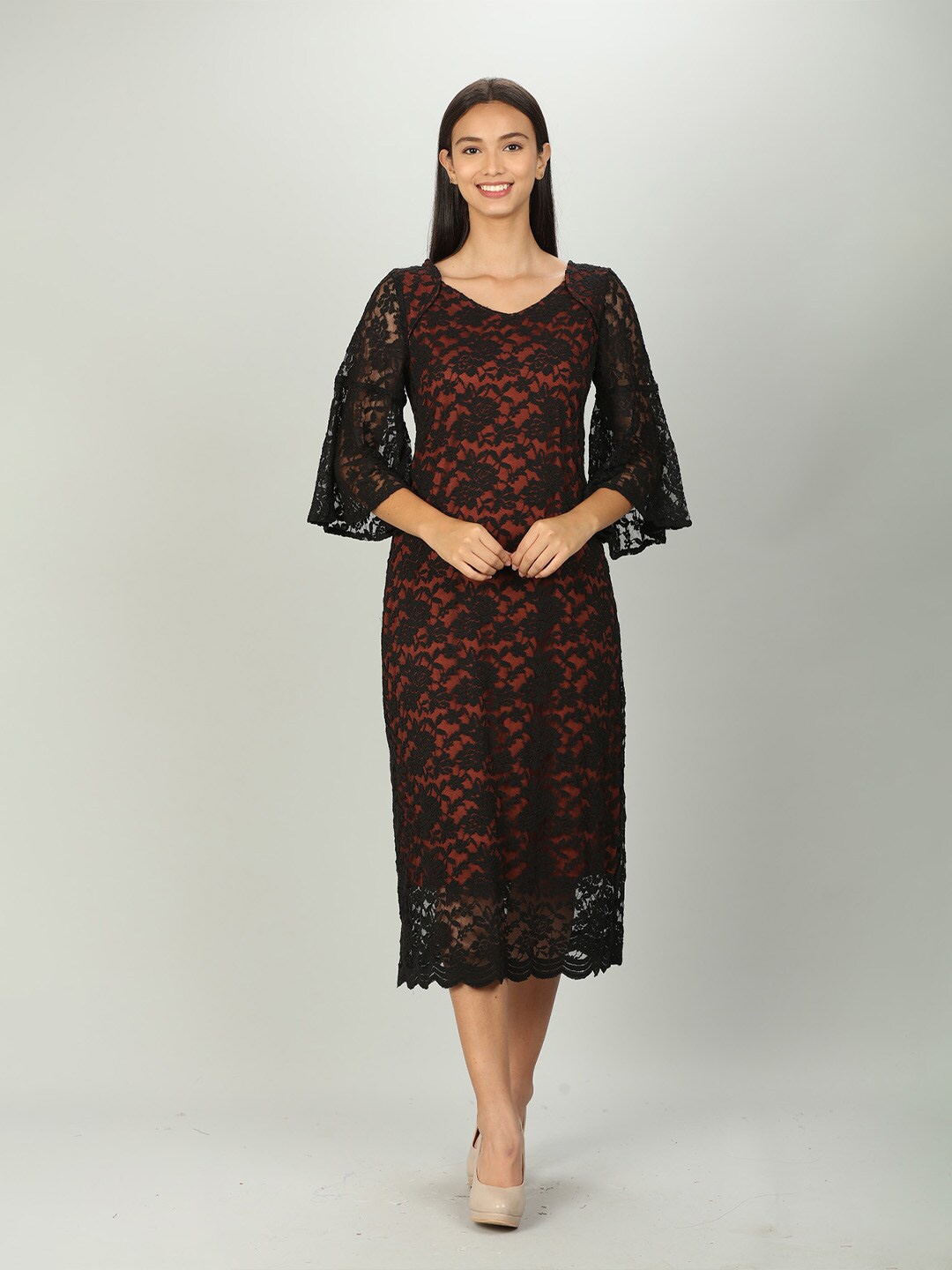 

Mustard Black Lace Sheath Midi Dress