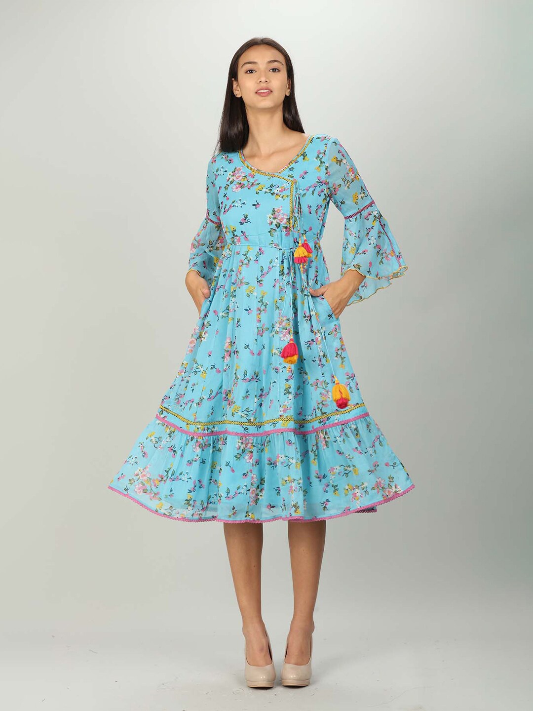 

Mustard Blue Floral Crepe A-Line Midi Dress