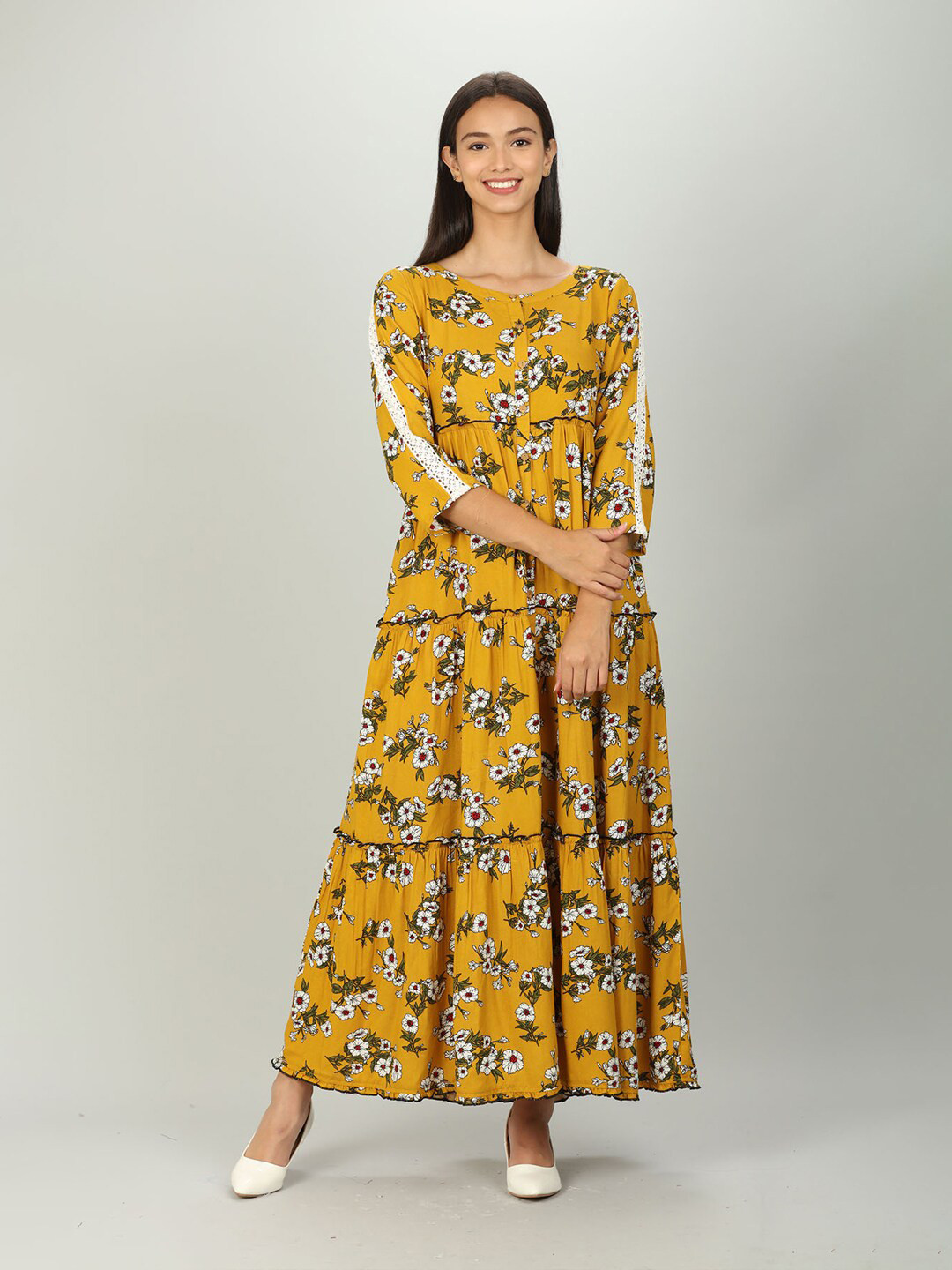 

Mustard Yellow Floral Crepe Maxi Dress