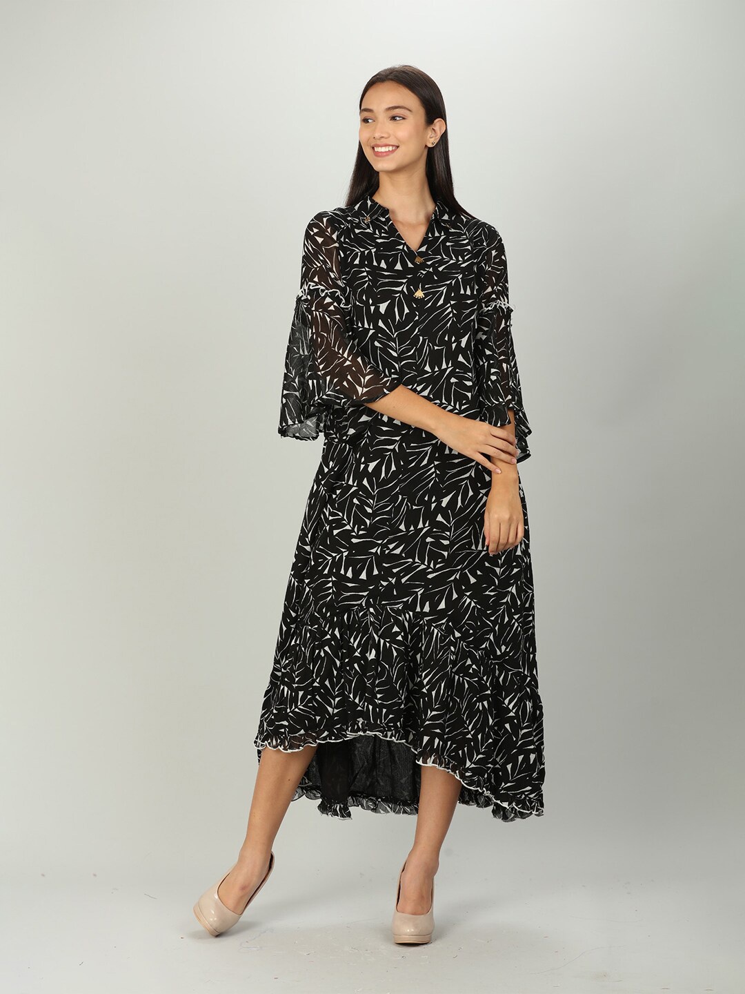 

Mustard Black Abstract Printed Crepe High-Low A-Line Midi Dress