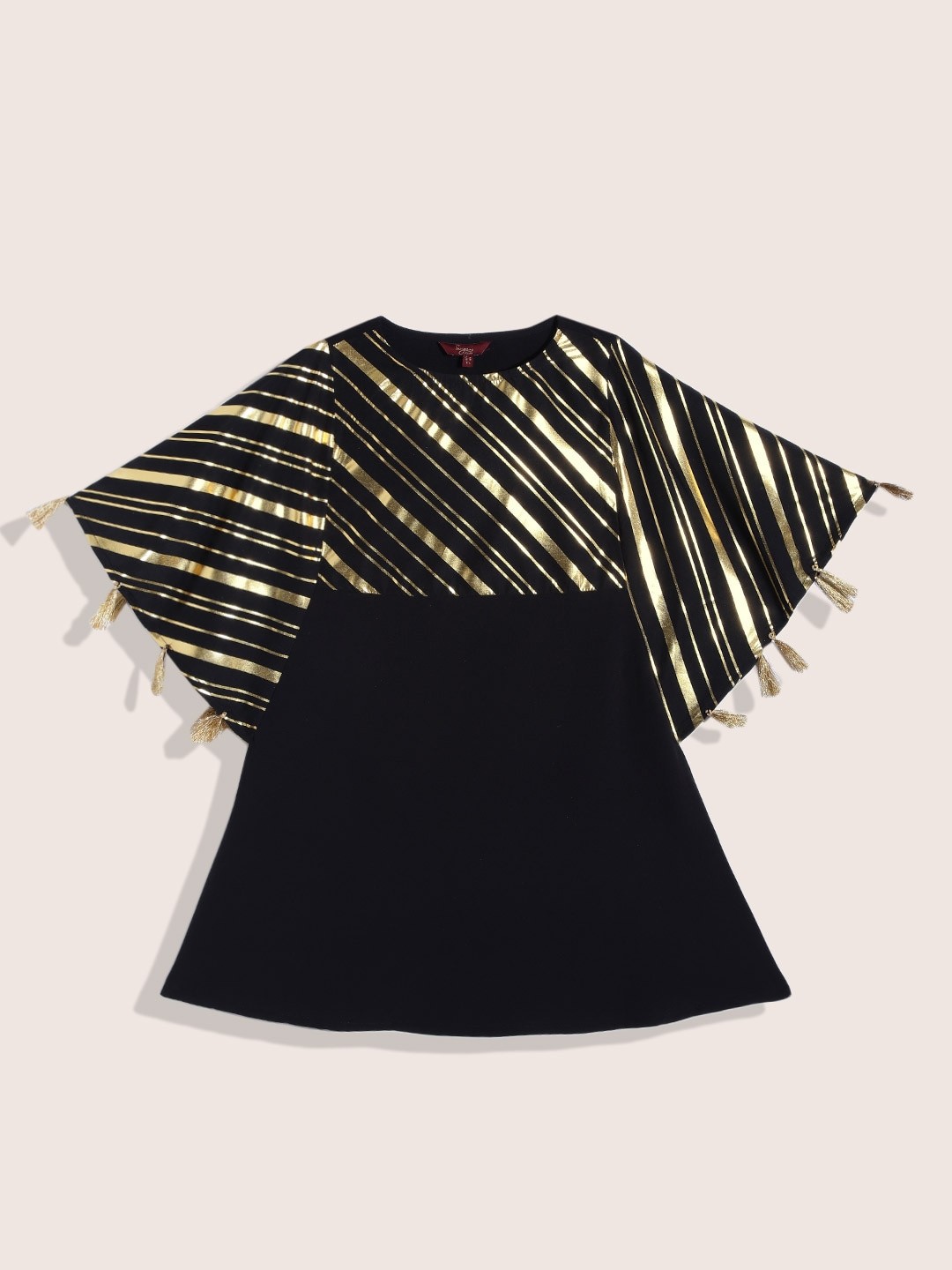 

Sangria Girls Striped Thread Work A-Line Kurta with Tassels, Black