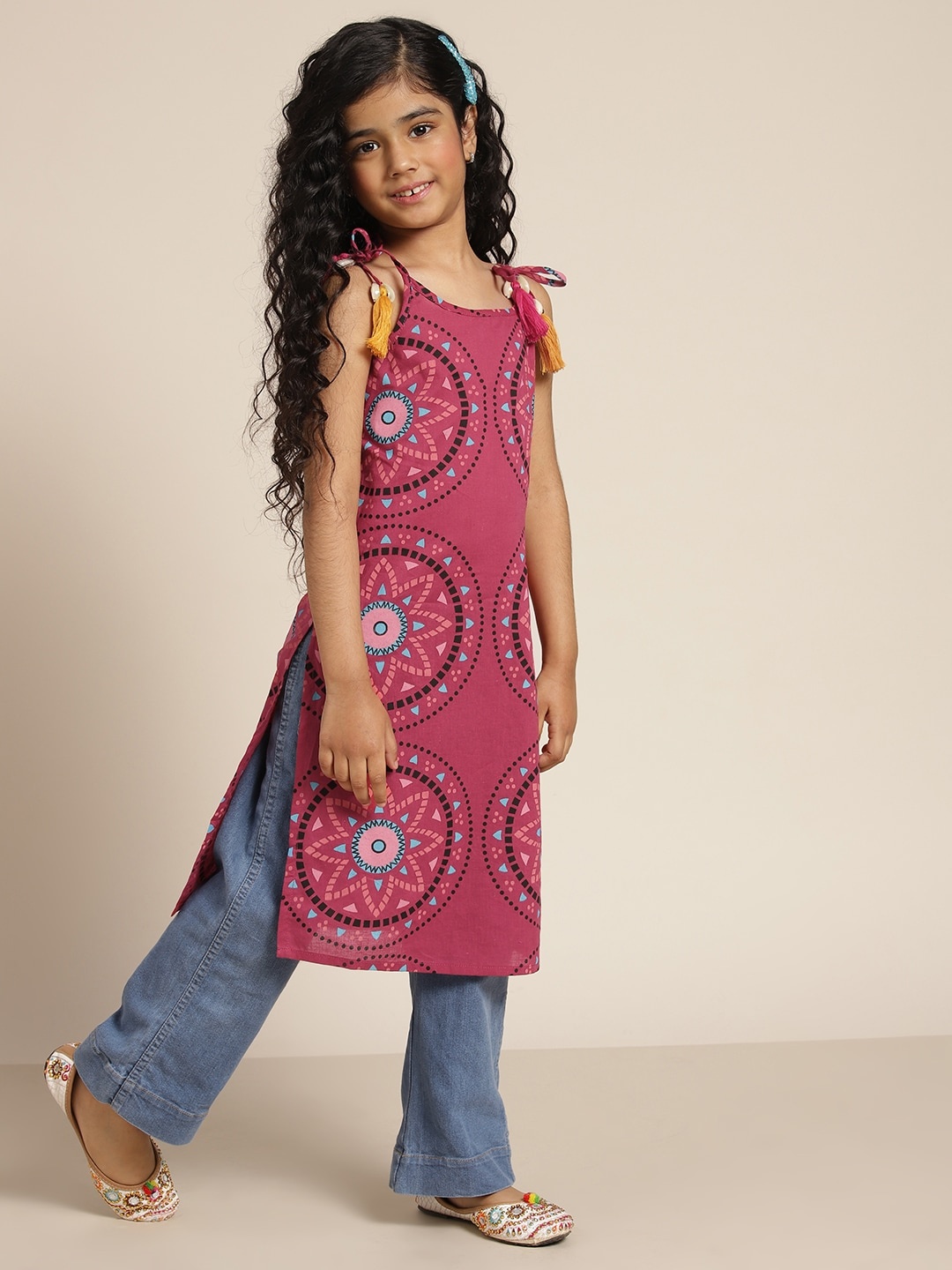 

Sangria Girls Pure Cotton Ethnic Motifs Print Kurta, Pink