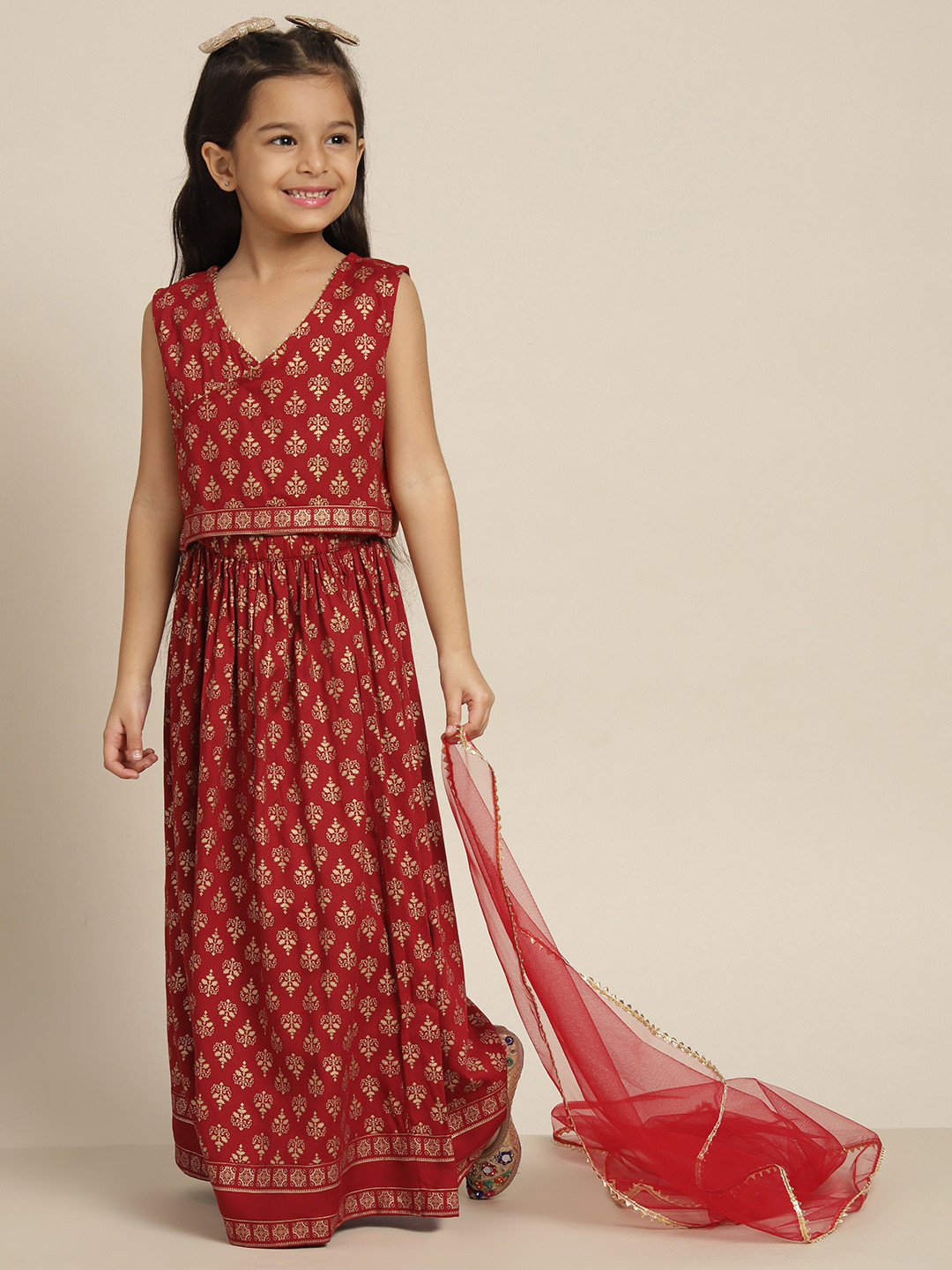 

Sangria Girls Maroon & Gold Ethnic Motifs Print Ready to Wear Lehenga Choli With Dupatta