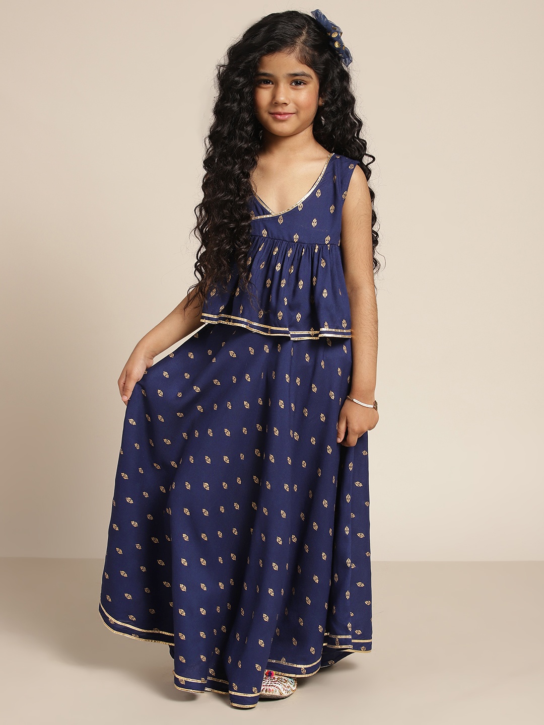 

Sangria Girls Navy Blue & Gold Ethnic Motifs Print Ready to Wear Lehenga Choli