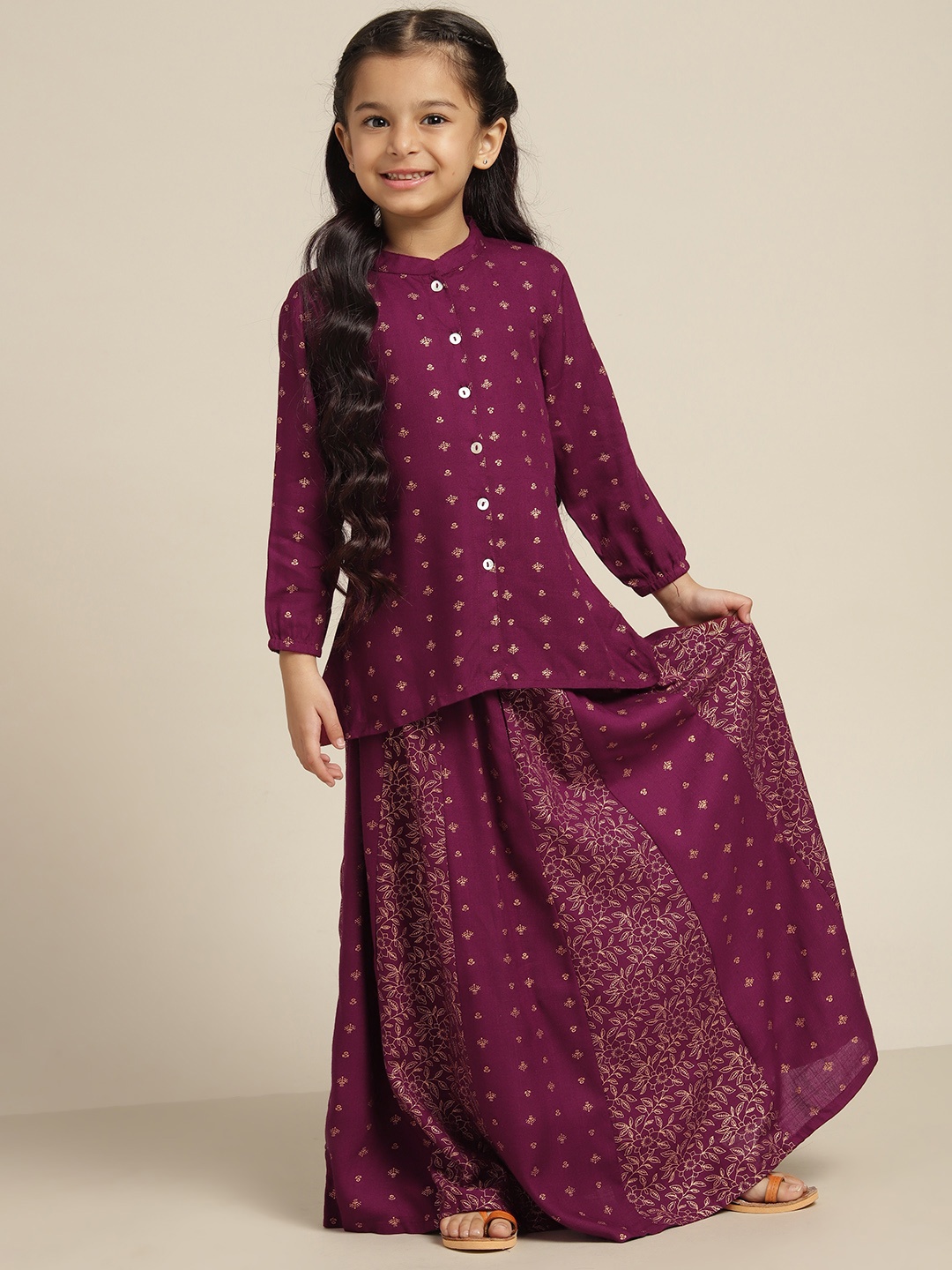 

Sangria Girls Purple & Golden Ethnic Motifs Print Ready to Wear Lehenga & Blouse