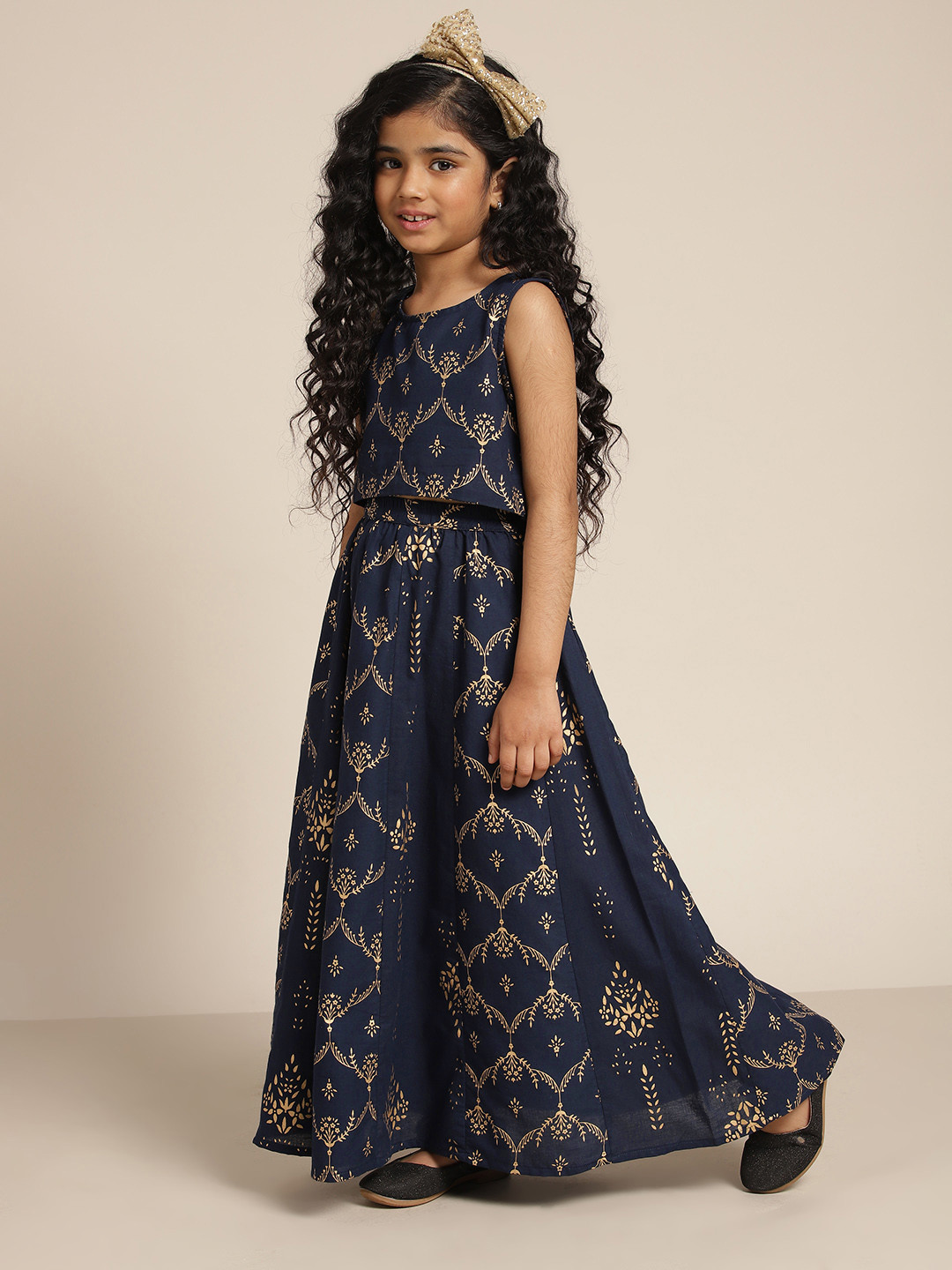 

Sangria Girls Ethnic Motifs Print Pure Cotton Ready to Wear Lehenga & Blouse, Navy blue