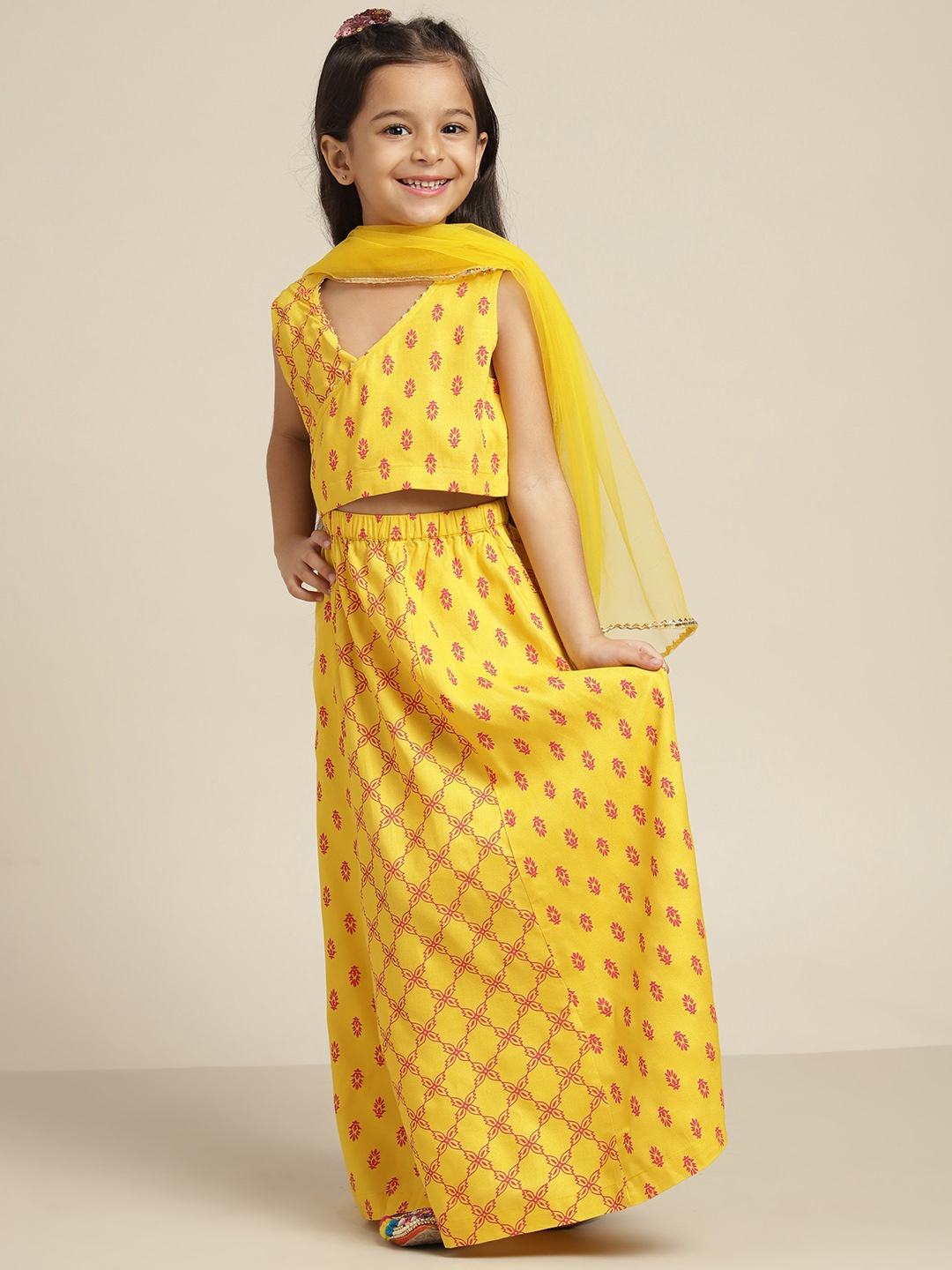 

Sangria Girls Yellow & Pink Ethnic Motifs Print Ready to Wear Lehenga Choli With Dupatta