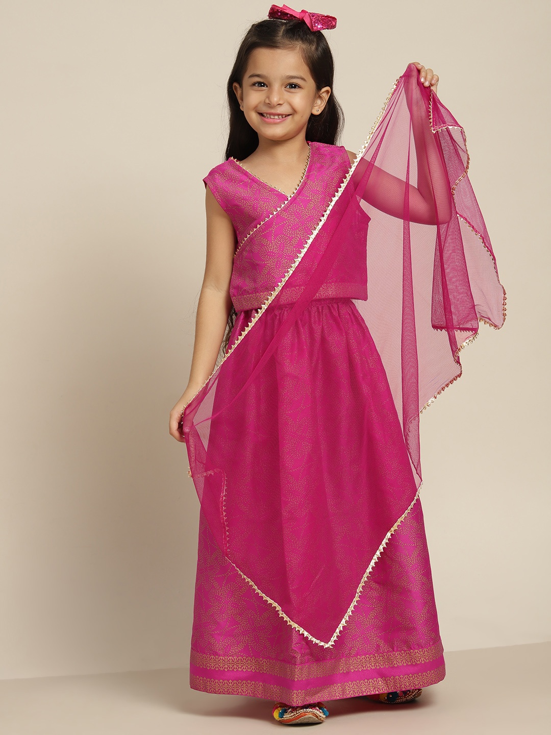 

Sangria Girls Pink & Gold Ethnic Motifs Print Ready to Wear Pure Cotton Lehenga Choli