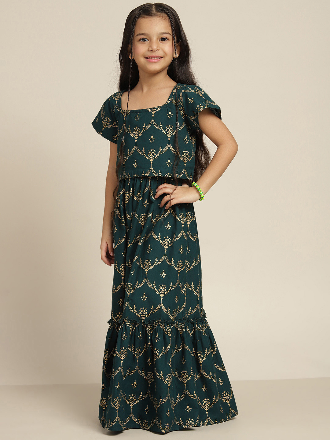 

Sangria Girls Green & Golden Ethnic Motifs Print Pure Cotton Ready to Wear Lehenga & Choli