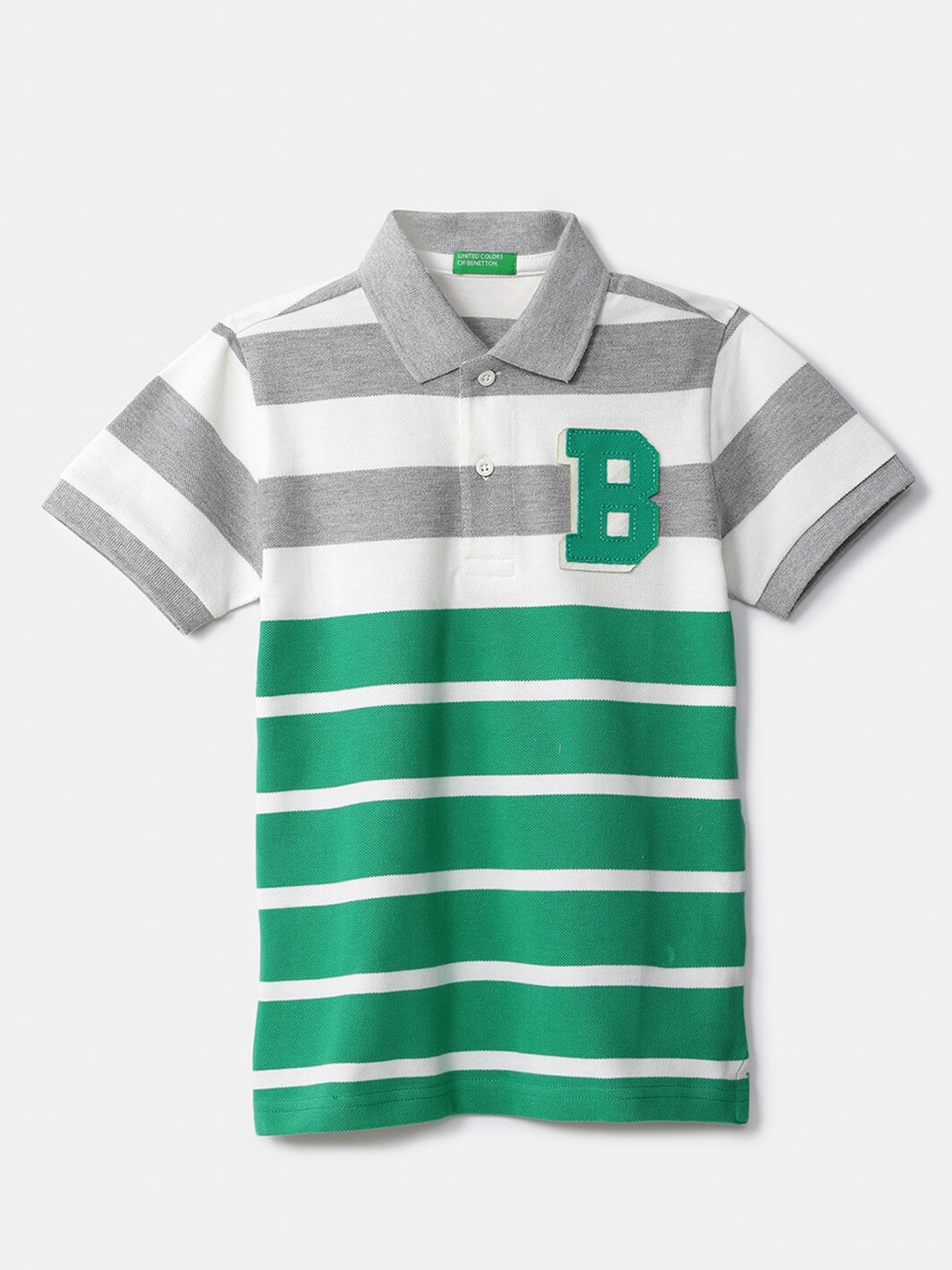 

United Colors of Benetton Boys Grey & Green Striped Polo Collar Applique T-shirt