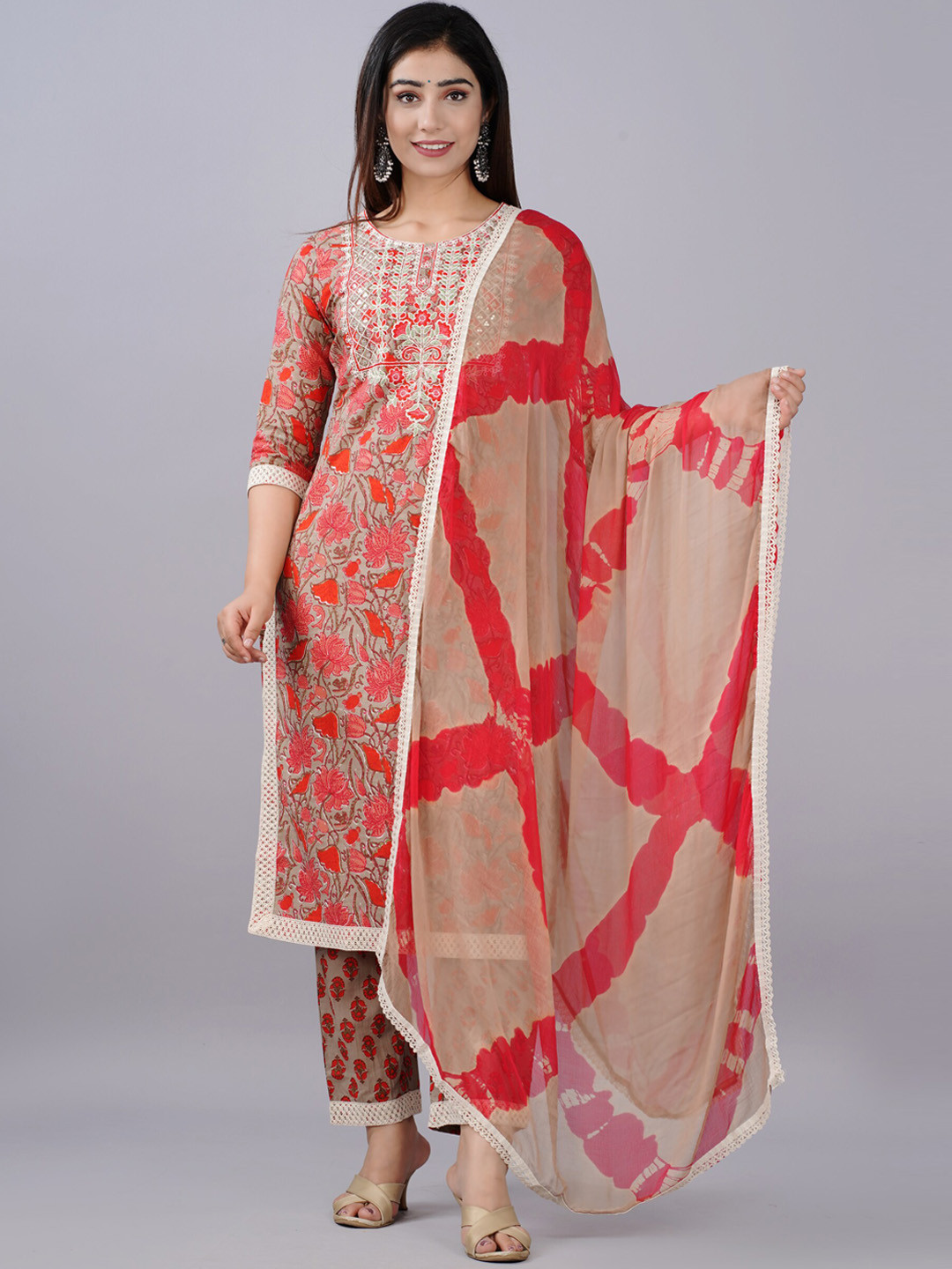 

NITVAN Women Peach-Coloured Ethnic Printed Pure Cotton Kurta with Trousers & Dupatta