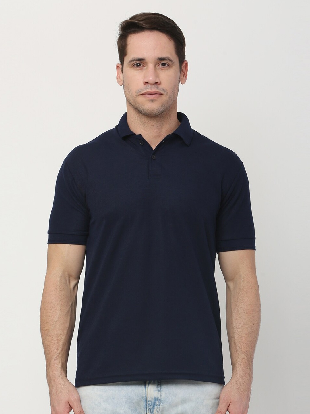 

The Label Bar Men Navy Blue Solid Polo Collar T-shirt