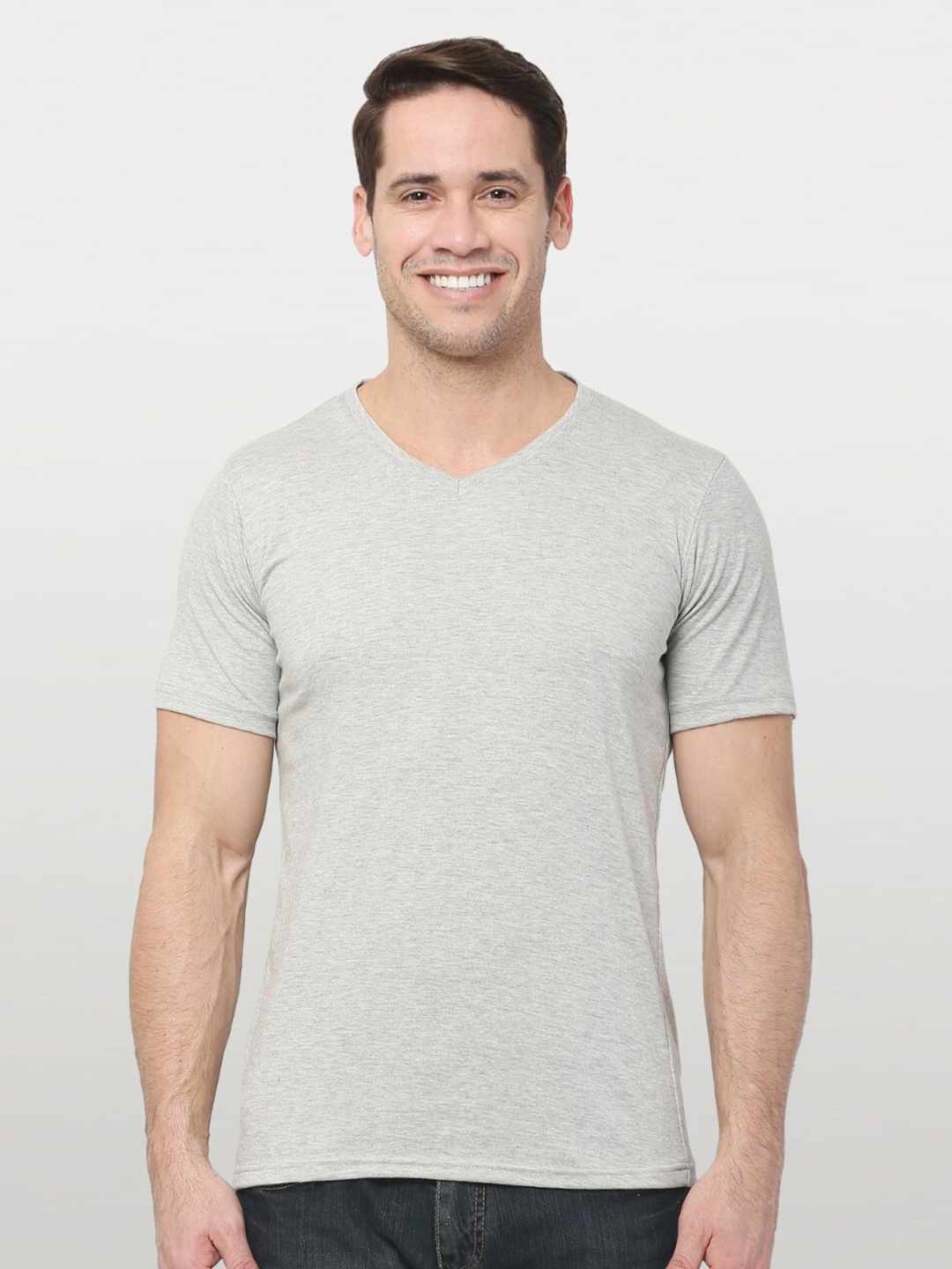

The Label Bar Men Grey V-Neck T-shirt