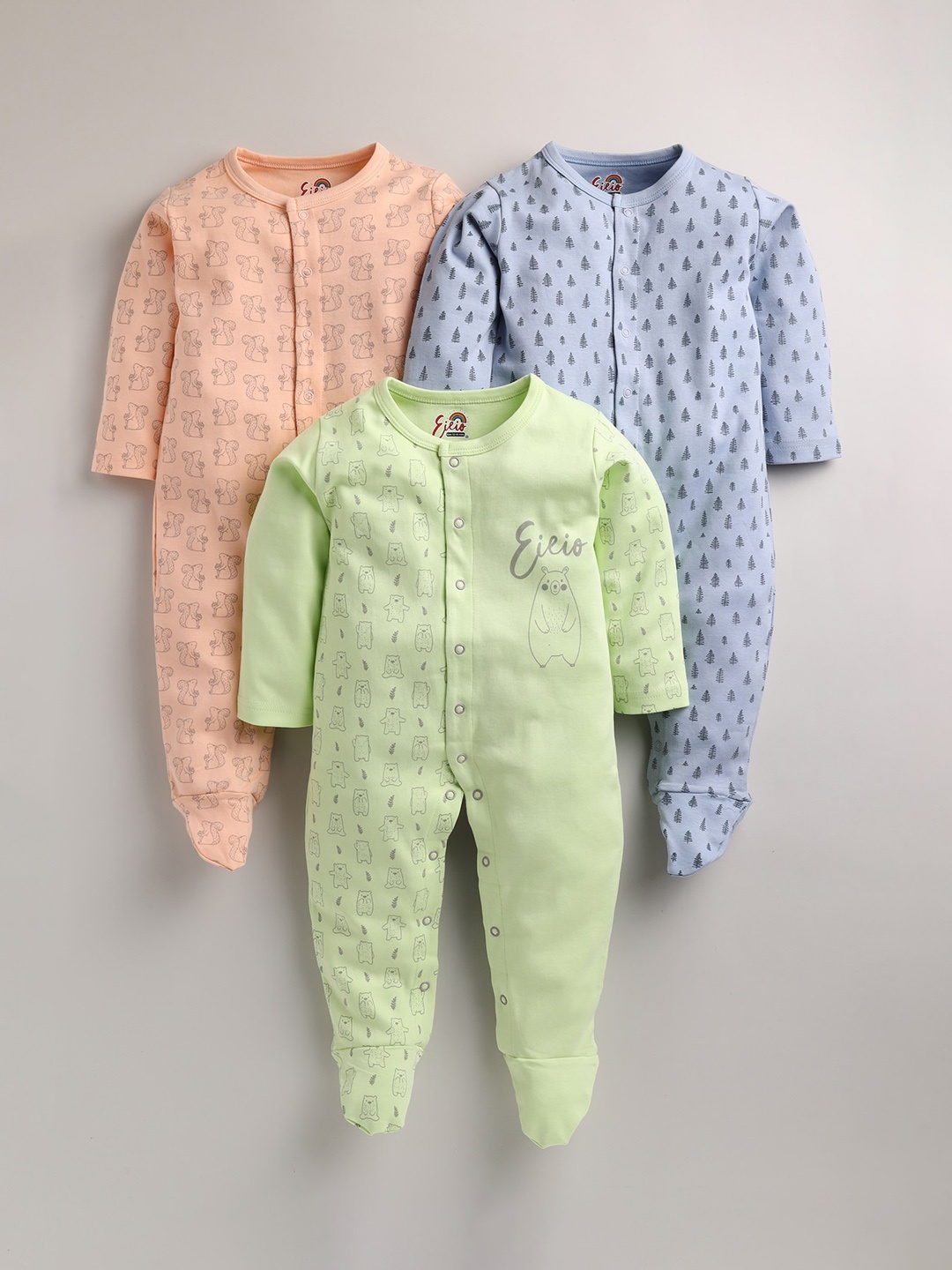 

Eieio Kids Pack of 3 peach green and blue Printed Pure Cotton Rompers