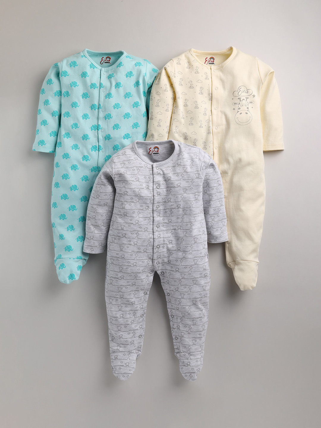 

Eieio Unisex Kids Beige And Grey Set of 3 Rompers