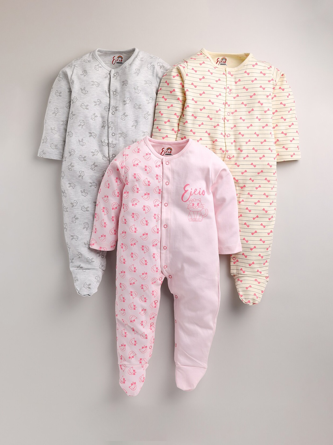 

Eieio Unisex Kids Pack of 3 pink & Cream Cotton Printed Rompers, White