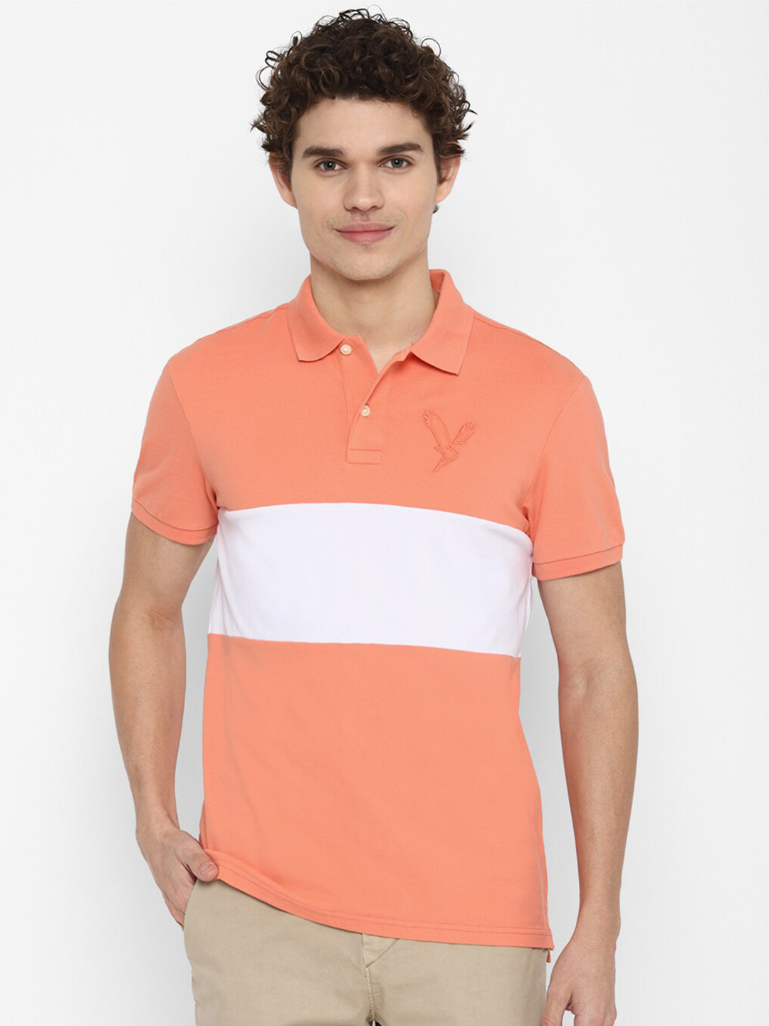 

AMERICAN EAGLE OUTFITTERS Men Orange & White Colourblocked Polo Collar T-shirt