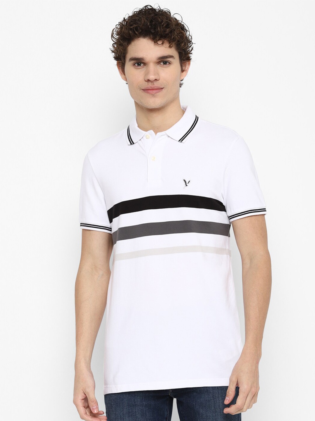 

AMERICAN EAGLE OUTFITTERS Men White & Black Striped Polo Collar T-shirt