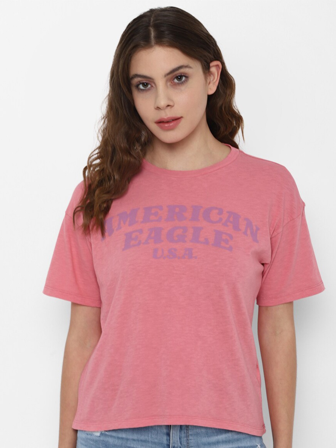 

AMERICAN EAGLE OUTFITTERS Women Pink Typography Printed Applique T-shirt