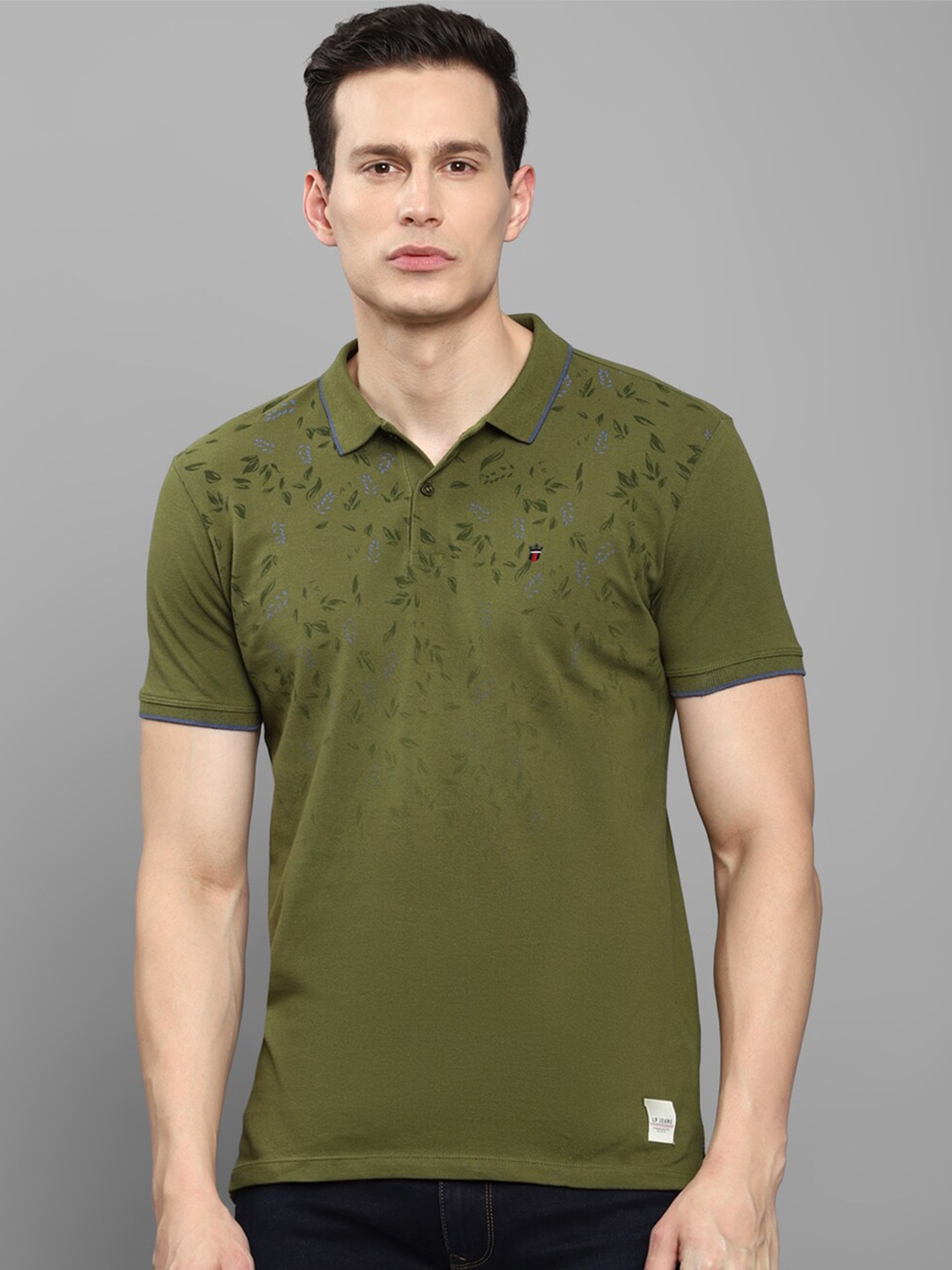 

Louis Philippe Jeans Men Olive Green Printed Polo Collar Slim Fit T-shirt