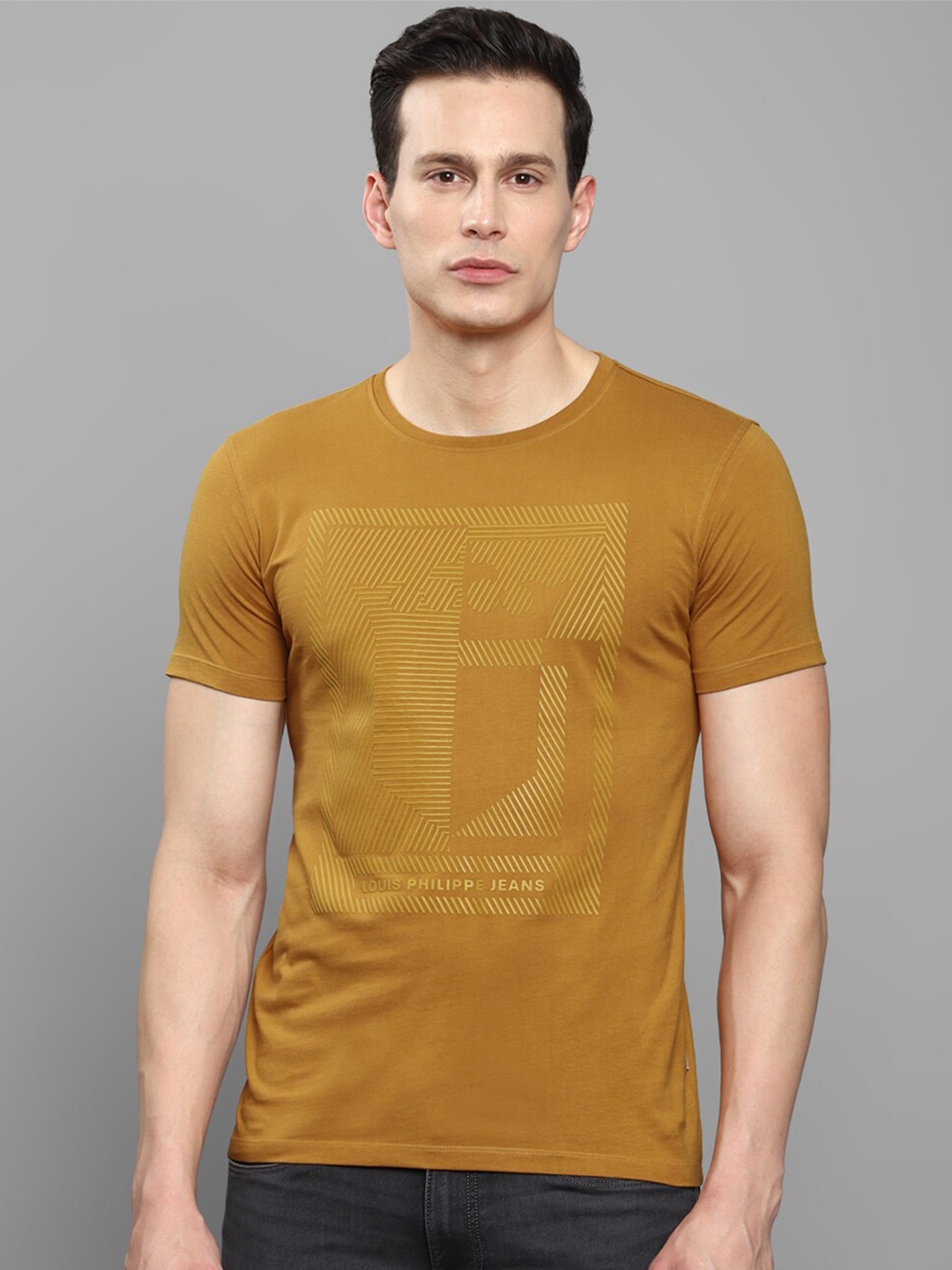 

Louis Philippe Jeans Men Mustard Yellow Printed Slim Fit T-shirt